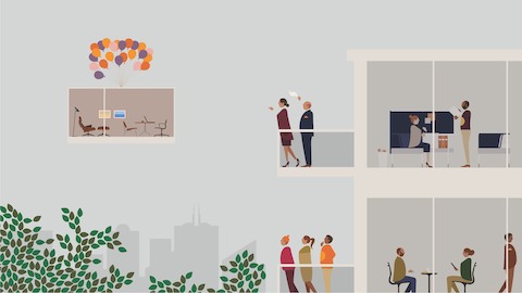 An illustration of people interacting in offices and standing on balconies.