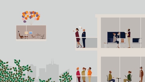 An illustration of people interacting in offices and standing on balconies. Select to go to an article about status in the workplace.