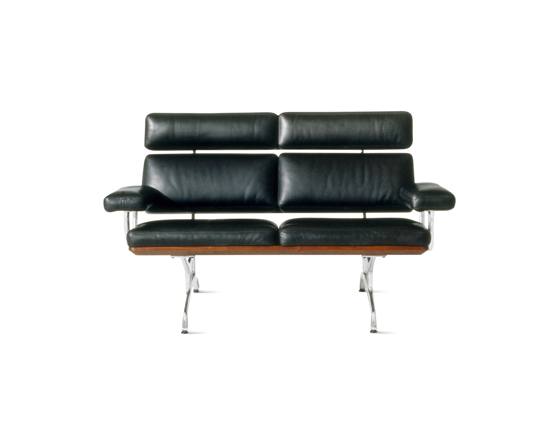 A two-seat Eames Sofa, viewed from the front.