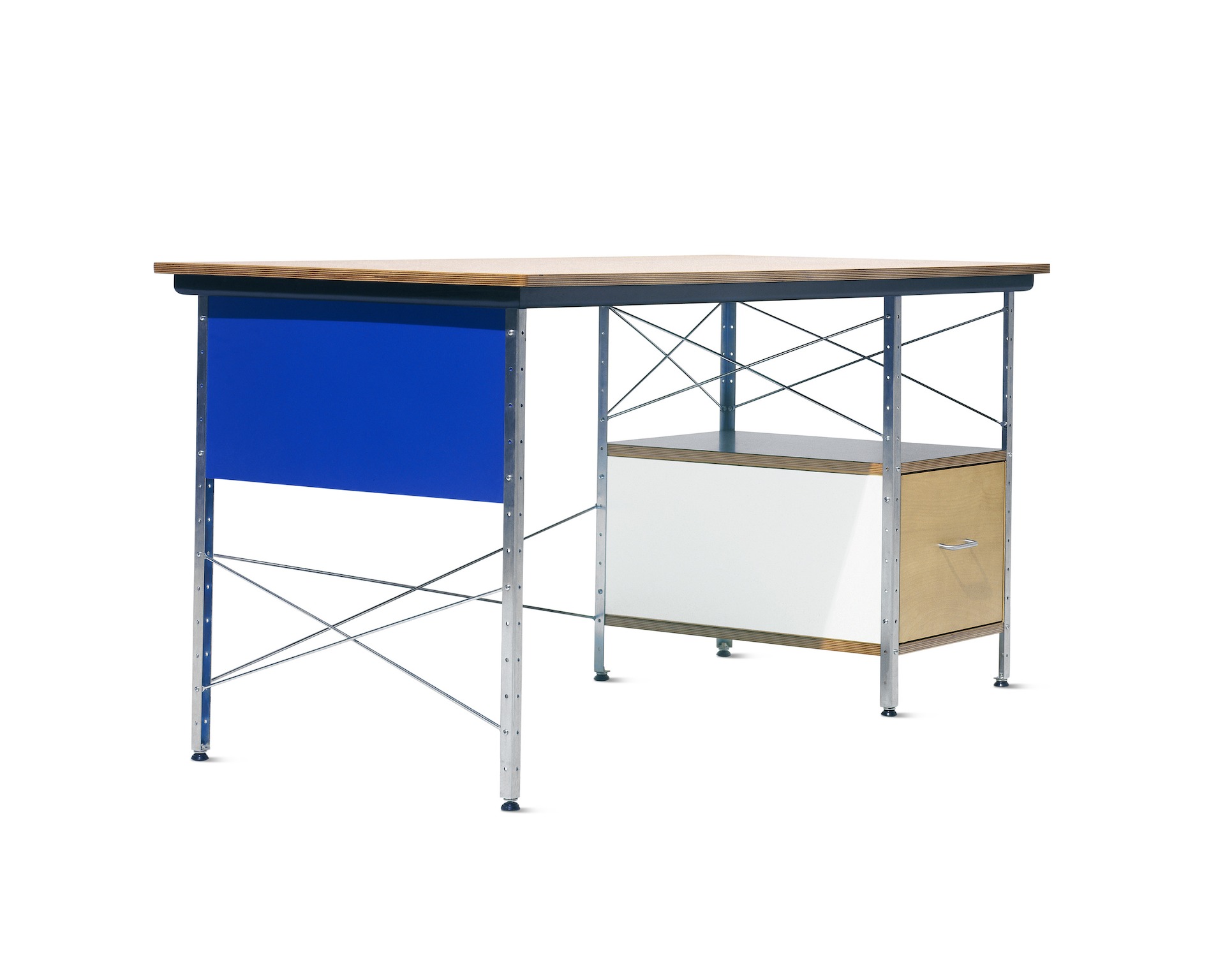 An Eames Desk with a metal frame, colored panel, and drawer.