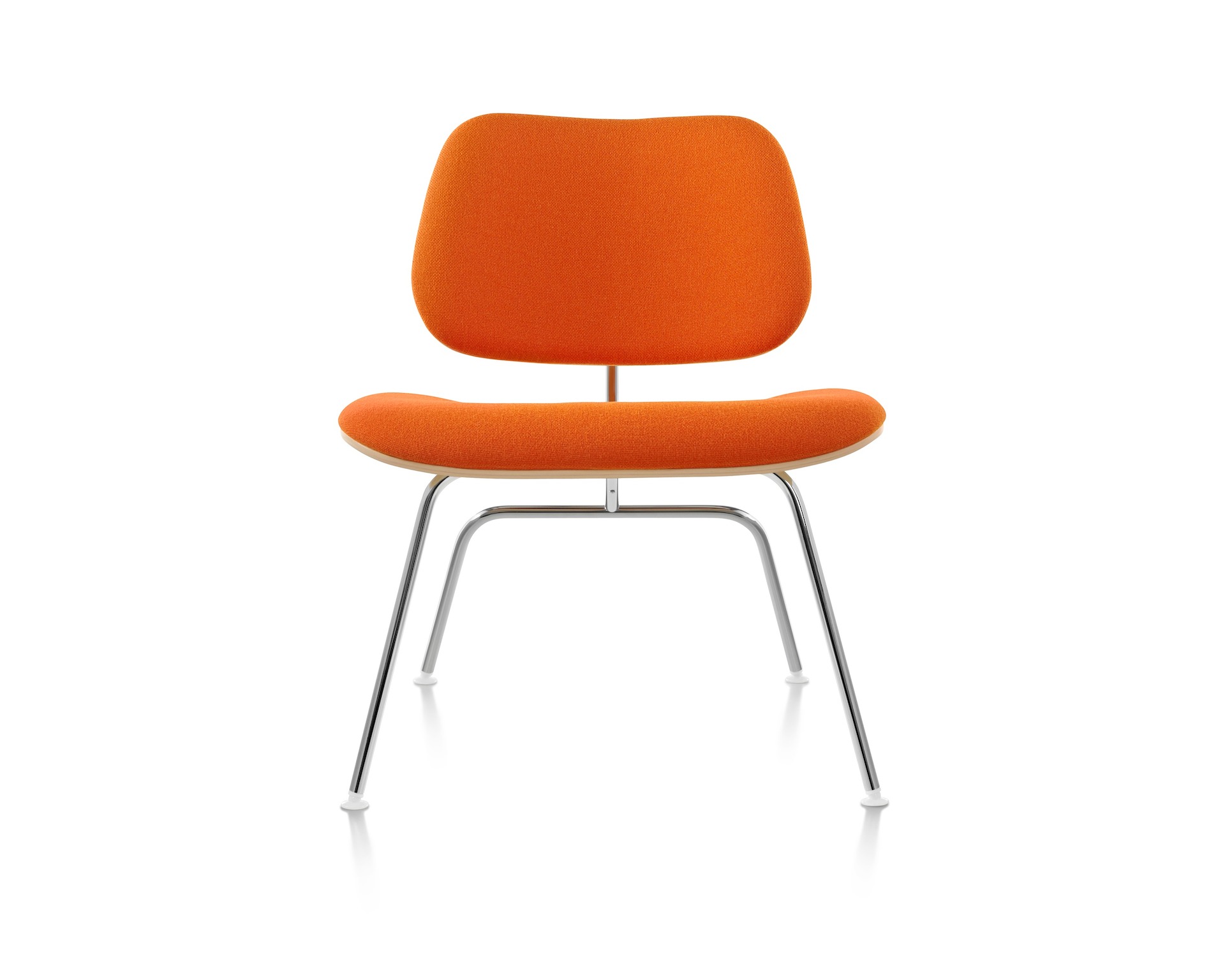 A Eames Molded Plywood Lounge Chair upholstered in Gabriel Interglobe Orange Wool, viewed from the front.