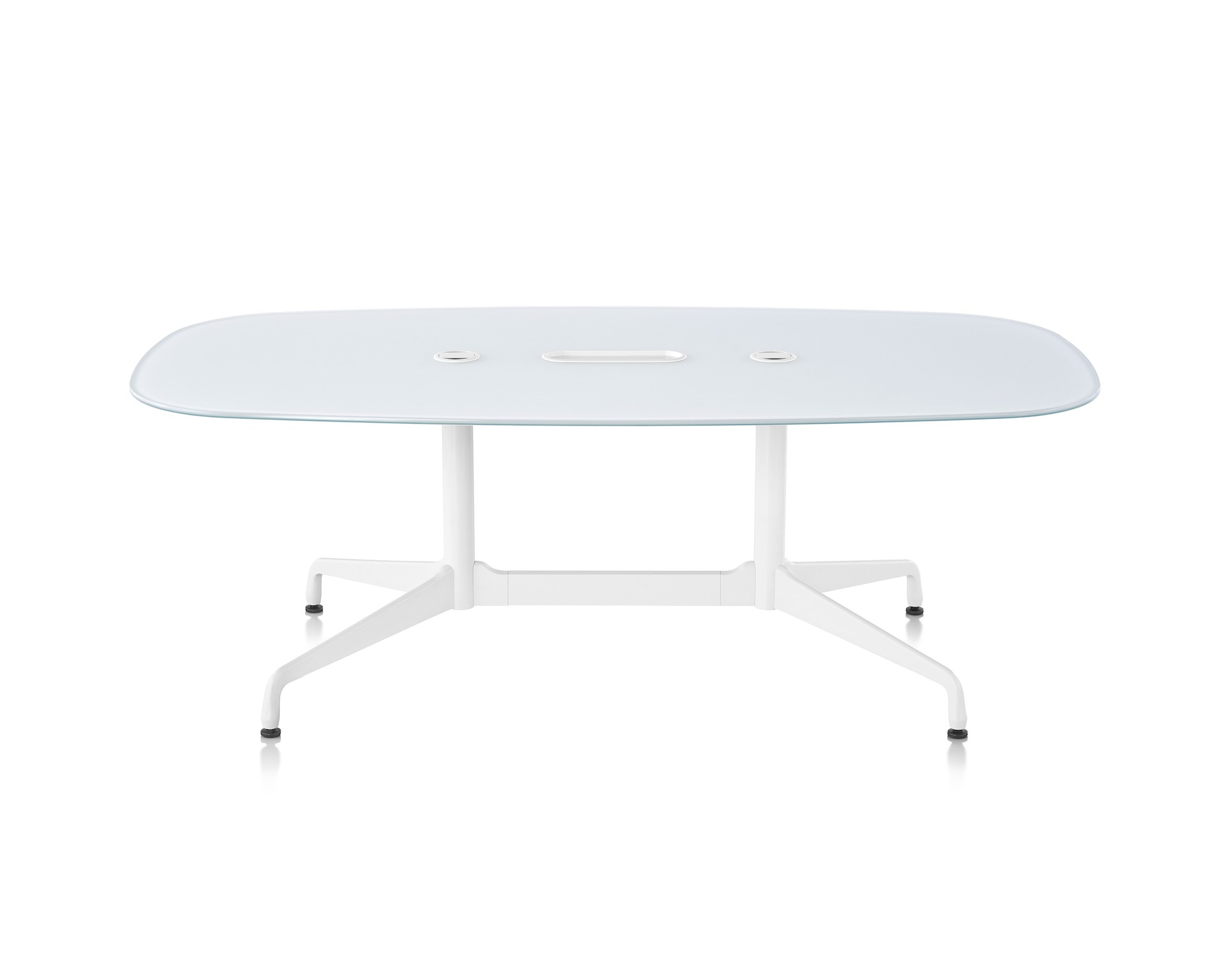 An Eames Conference Table featuring a white back-painted glass top, white columns, and white base.