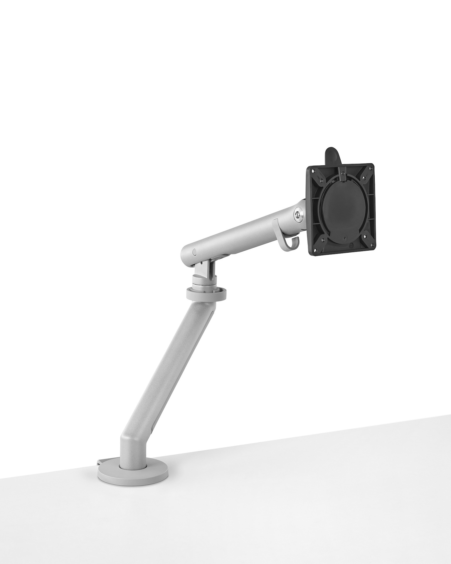 Silver Flo Single-Screen Monitor Arm, viewed from a three quarter angle.