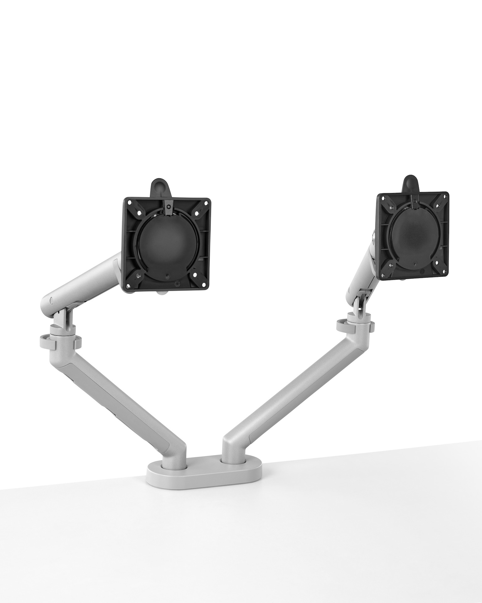 Silver Flo Dual Monitor Arm, viewed from the front.