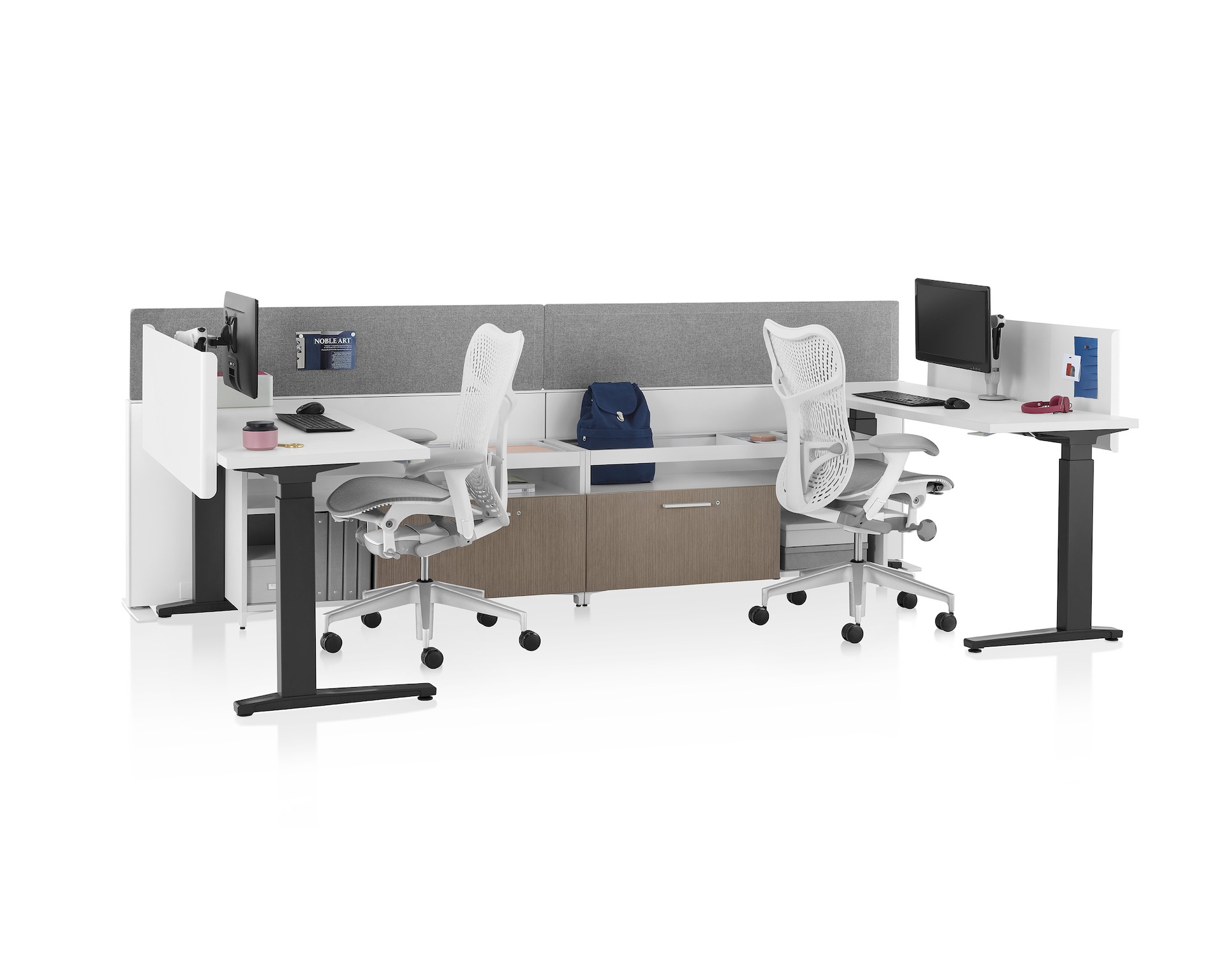 White Canvas Channel with lower storage, gray screens, and Renew Sit-to-Stand Tables with white surfaces, screens, and black legs 