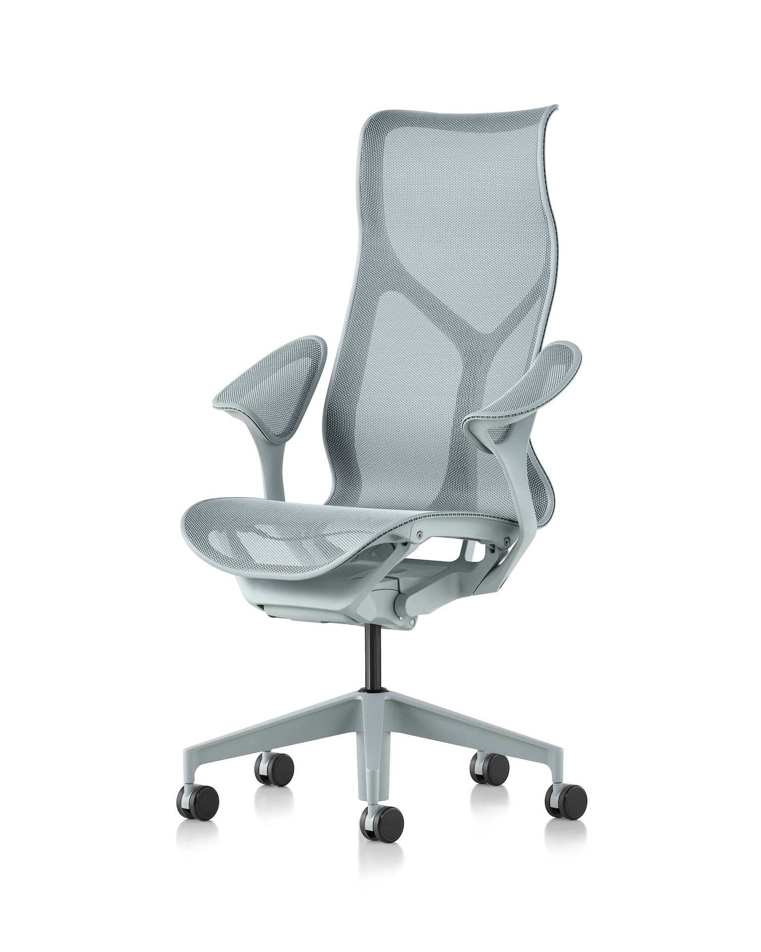 Cosm high back chair, front angle, light blue.