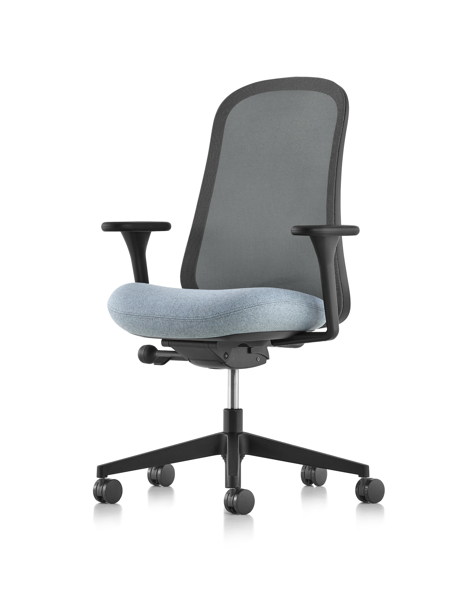 Black and light blue Lino Chair with suspension back and upholstered seat, viewed from a 45-degree angle.