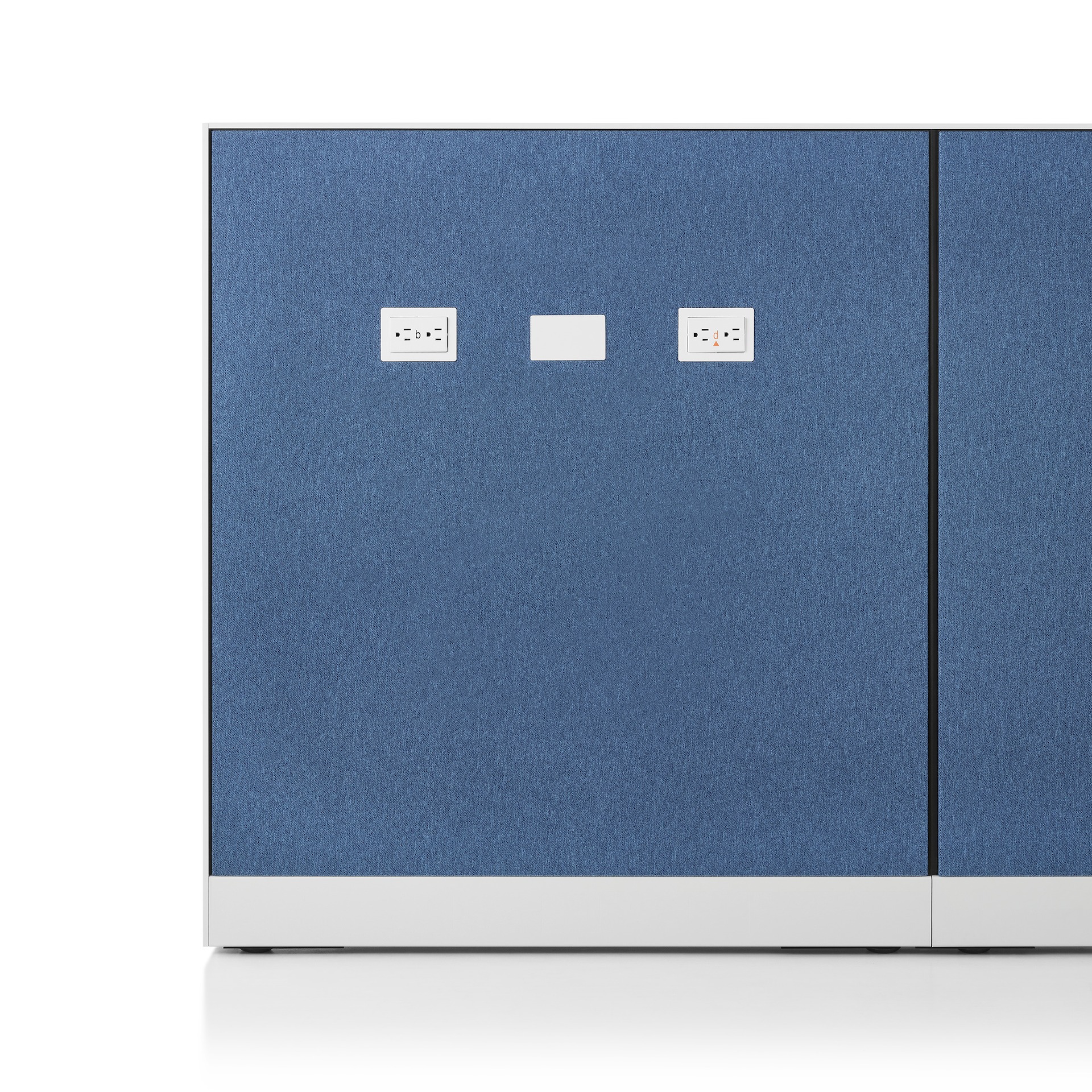 Canvas Wall panel with blue fabric and power outlets and data ports.