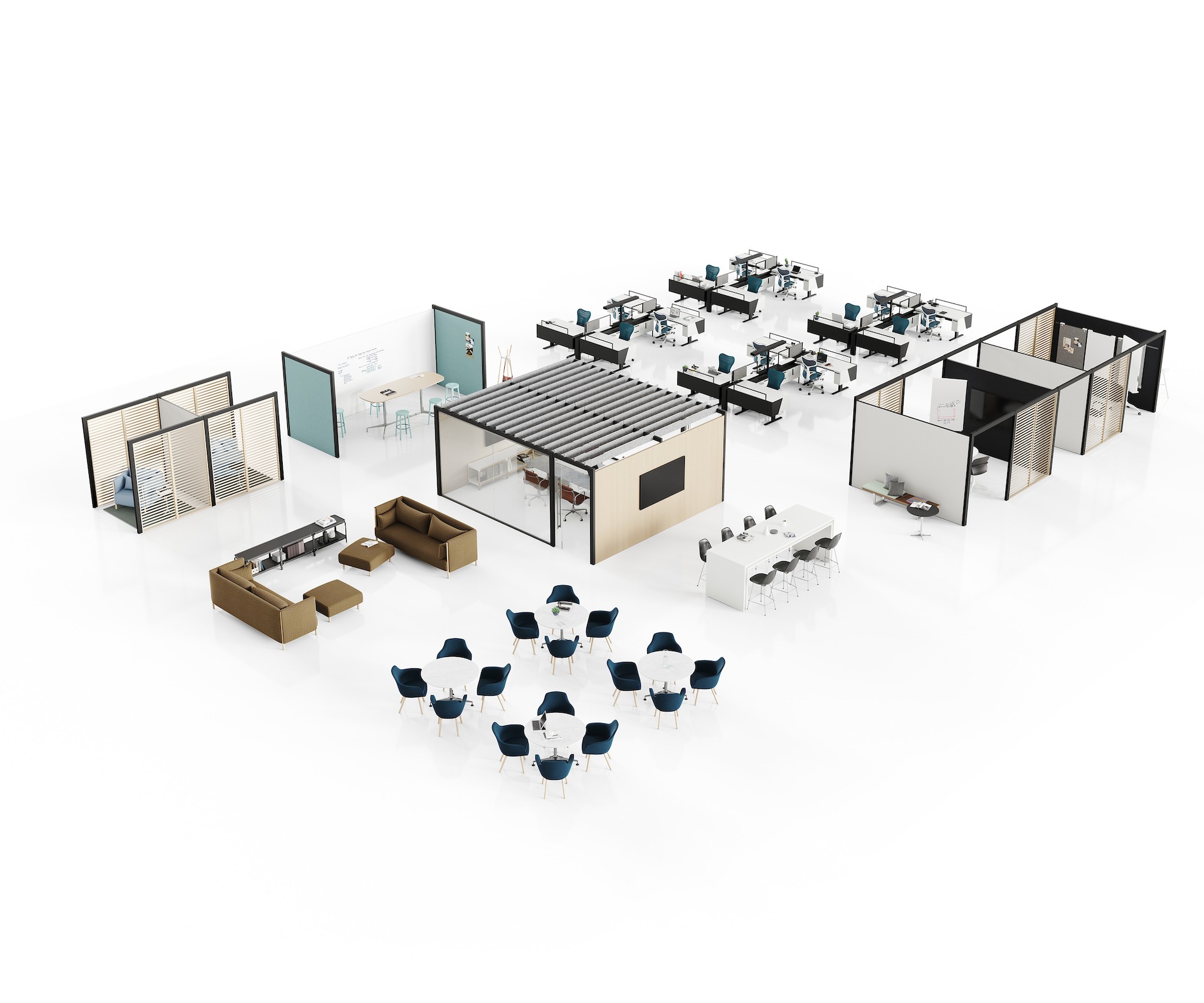 An open landscape environment containing six Overlay spaces, four sets of Canvas Vista workstations and a few lounge spaces.