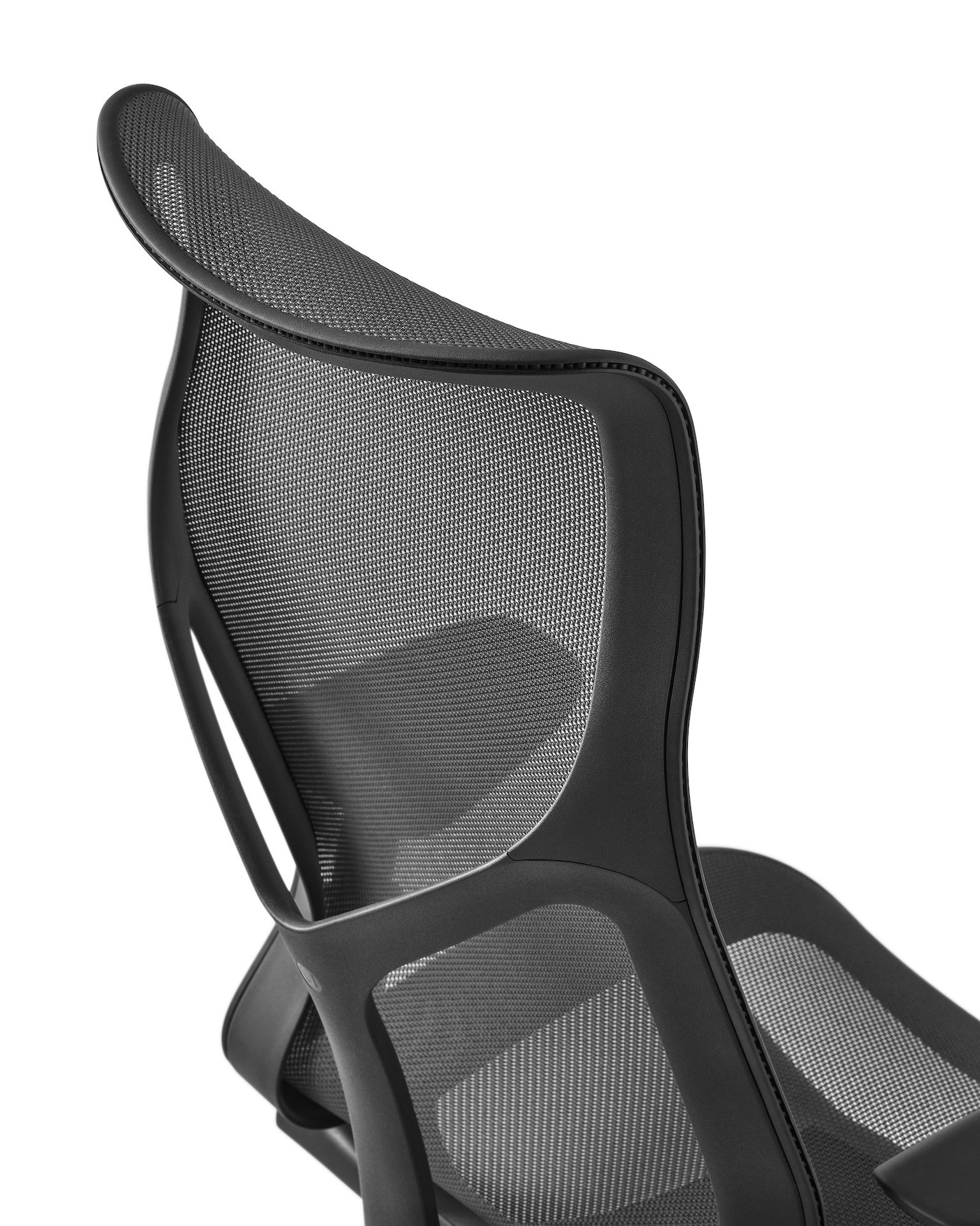 Close up view of Cosm Chair with high back option in dark grey. 