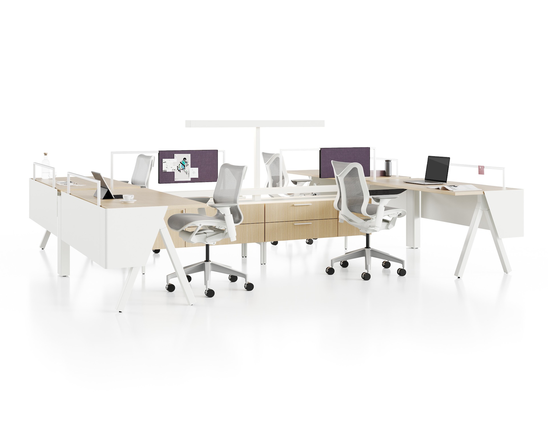 White and light ash Canvas Vista with raised storage, fixed-height desks, purple screens and gray Cosm chairs. 