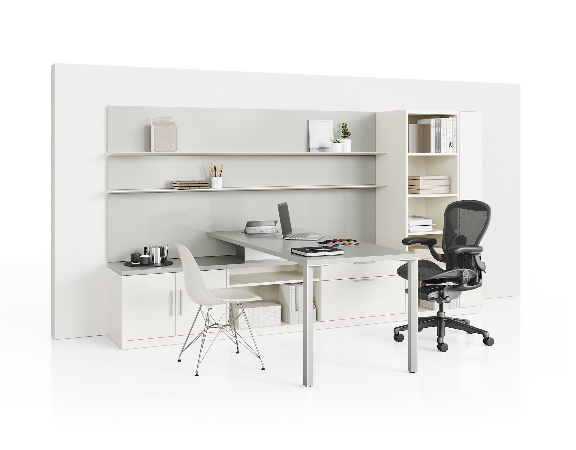Canvas Private Office with grey back panel, storage tower, and black Aeron Chair.