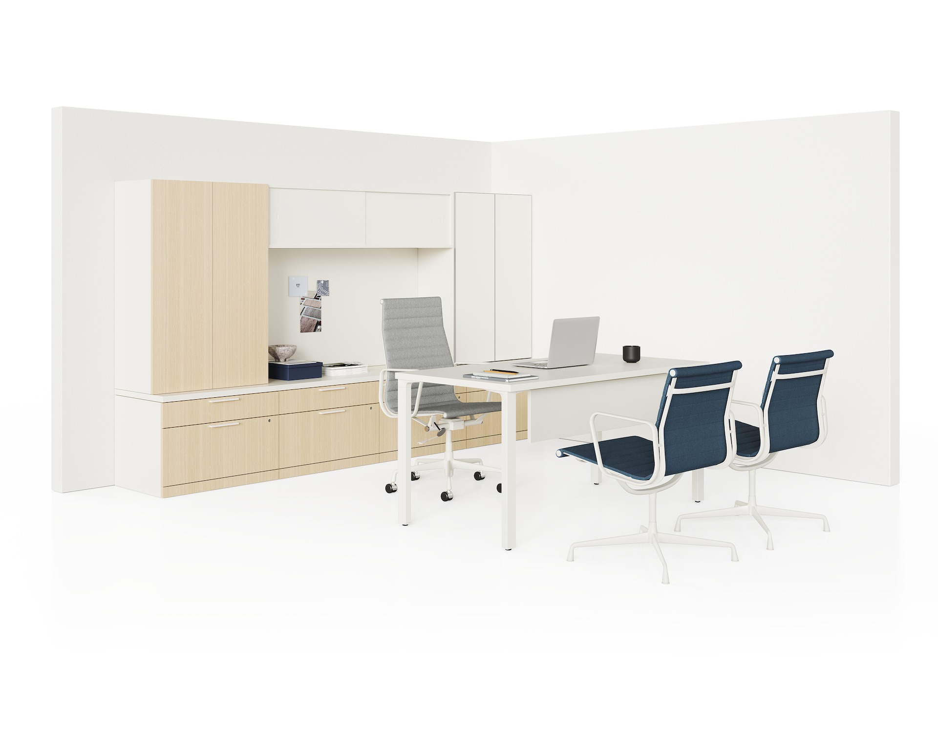 Light wood and white Canvas Private Office with storage towers, and Eames Aluminum Group seating.