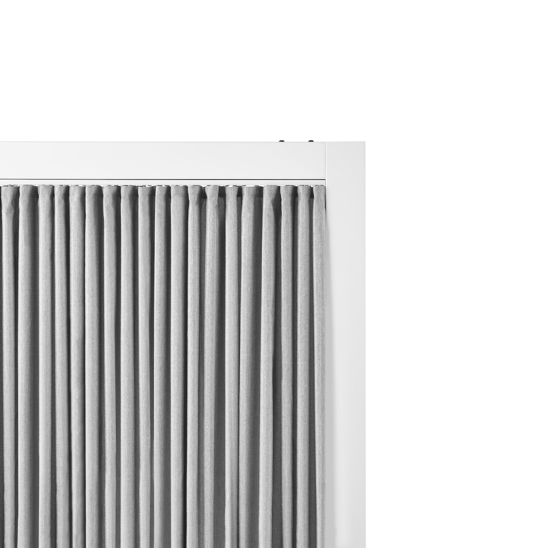 A close-up of a gray curtain on Overlay's white structure.