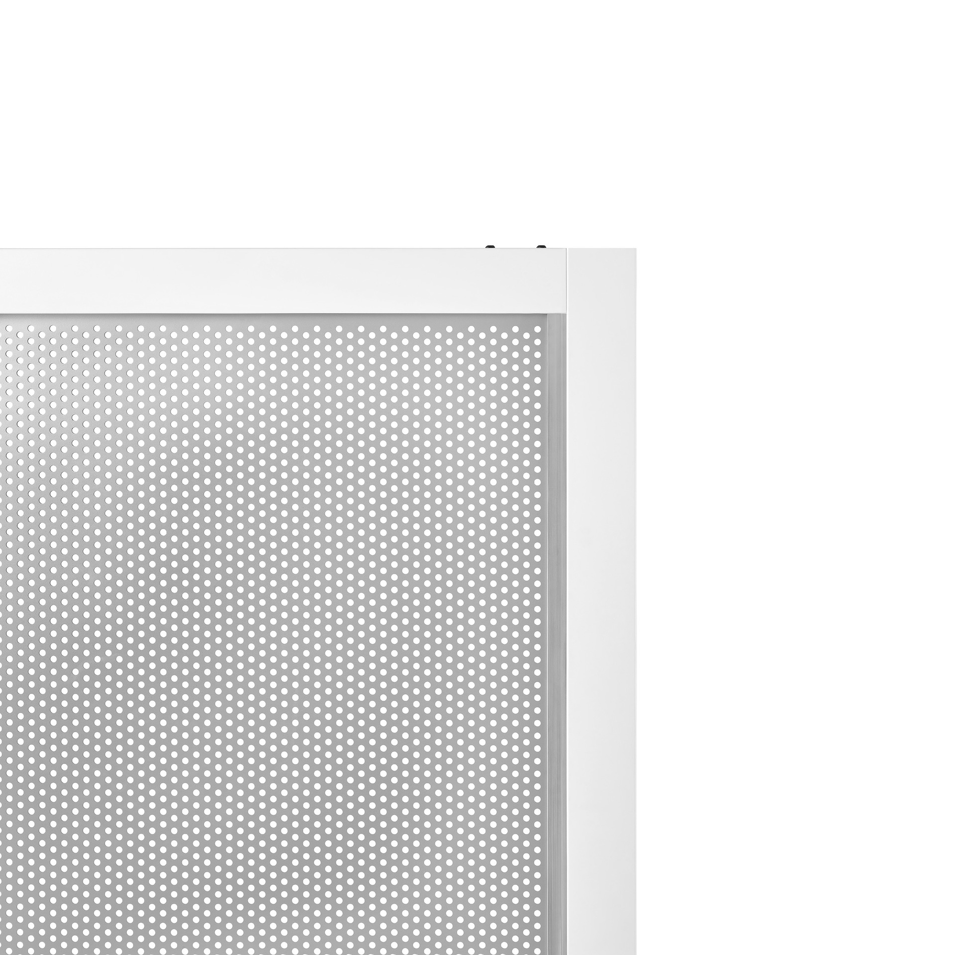 A close-up of gray perforated metal on Overlay's white structure.