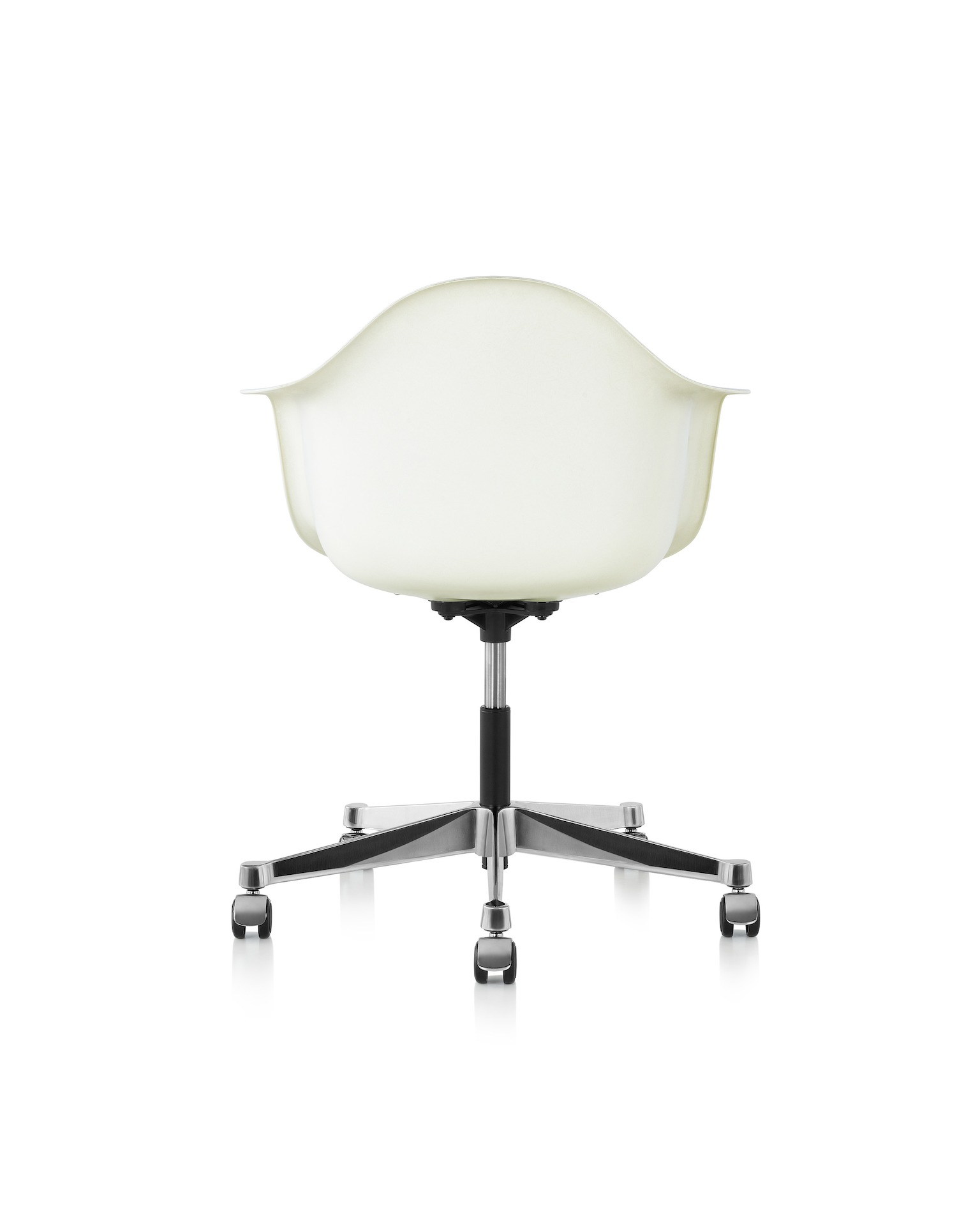 An Eames Task Chair with a parchment colored shell and a five star caster base. Viewed from behind.
