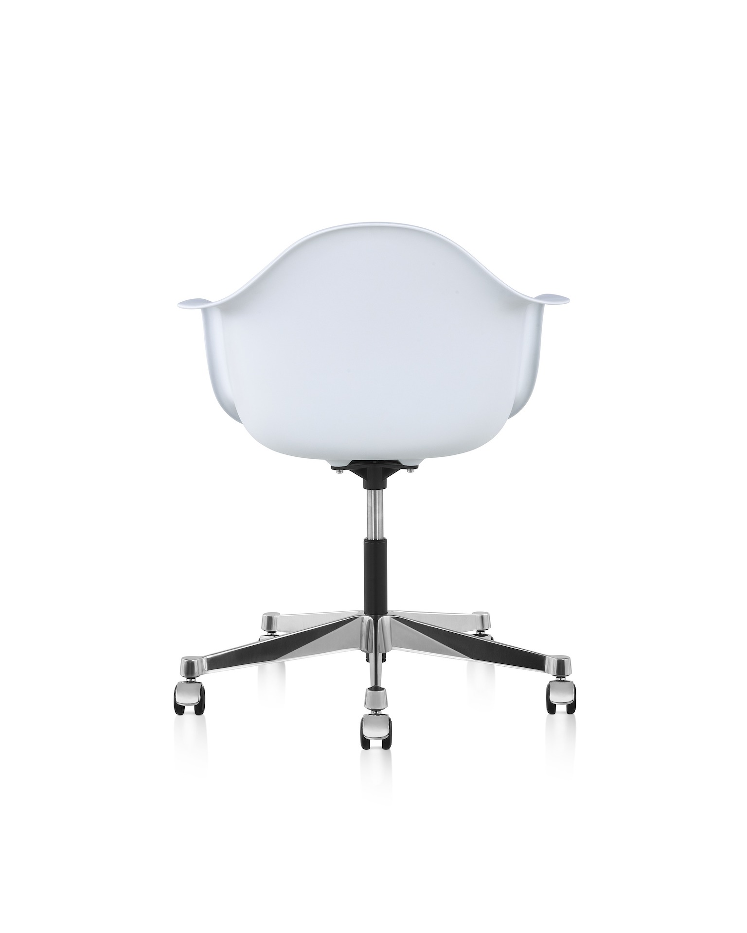 An Eames Task Chair with a white plastic shell and a five star caster base. Viewed from behind.