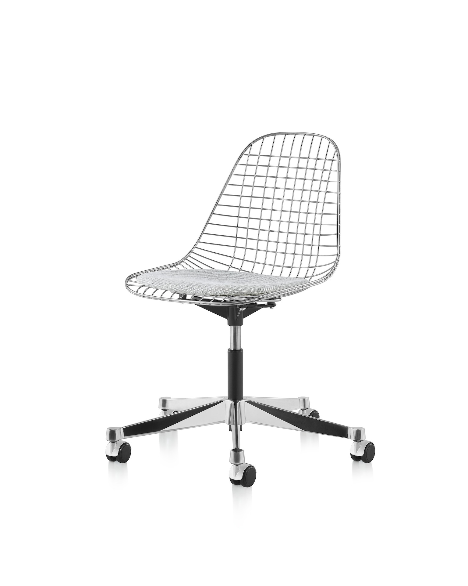 An Eames Wire Chair featuring a light gray seat textile, a five star base and casters. Viewed from the front at angle. 
