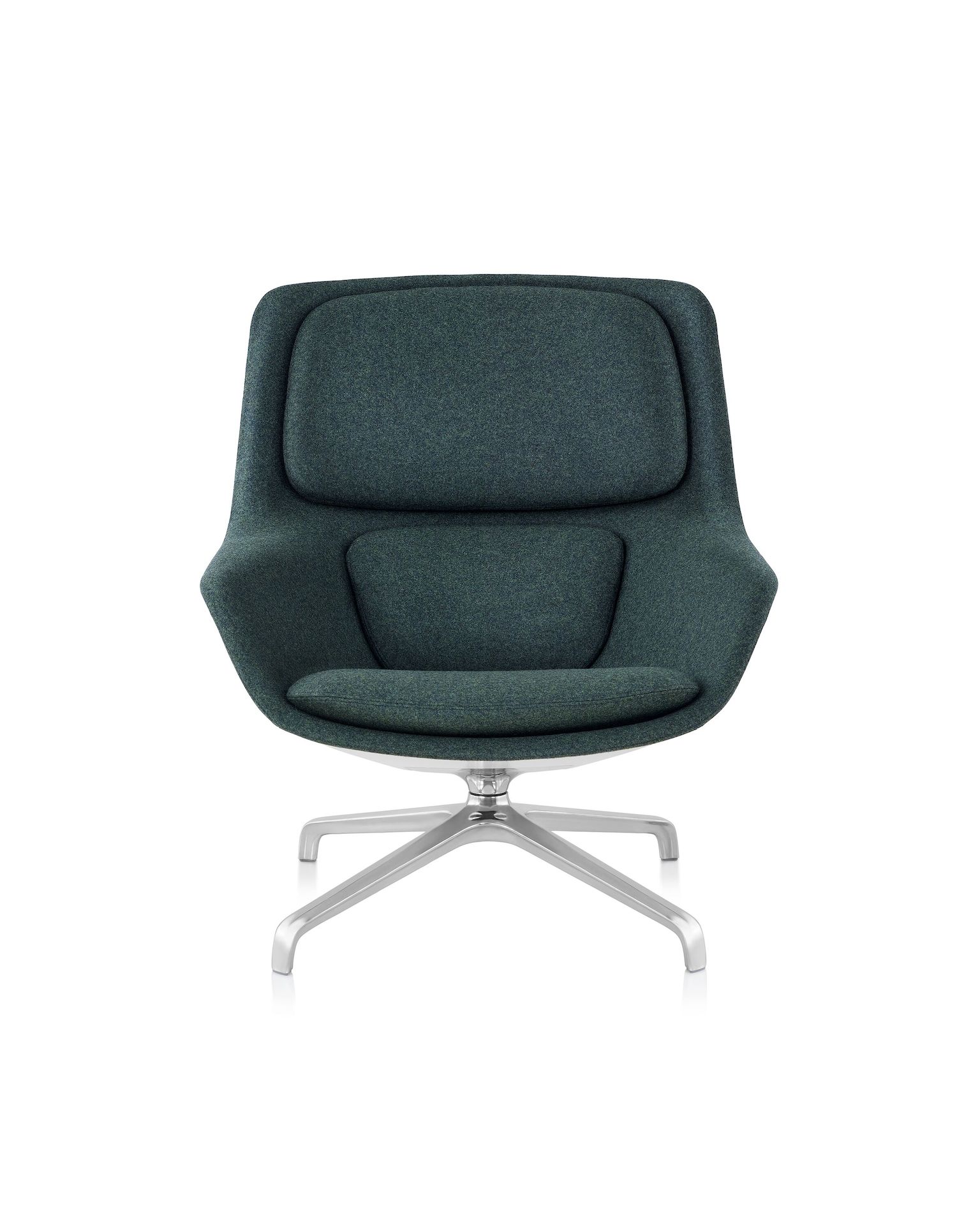 A mid-back Striad Lounge Chair with a polished aluminum base, upholstered in a dark gray textile. Viewed from the front.