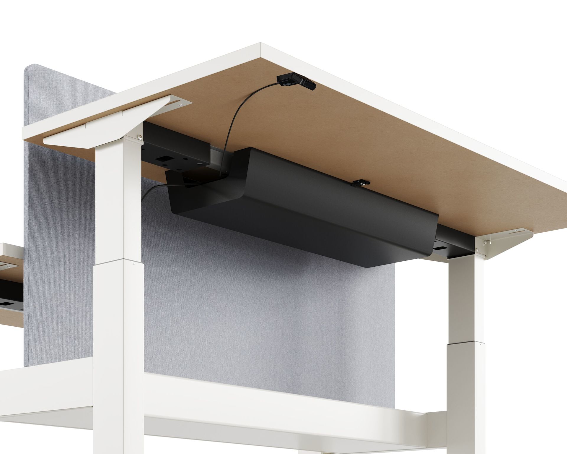 Close-up of standing desk system, Nevi Link, undersurface with a black cable running through the high-density Everywhere Conference Table hd cable tray.