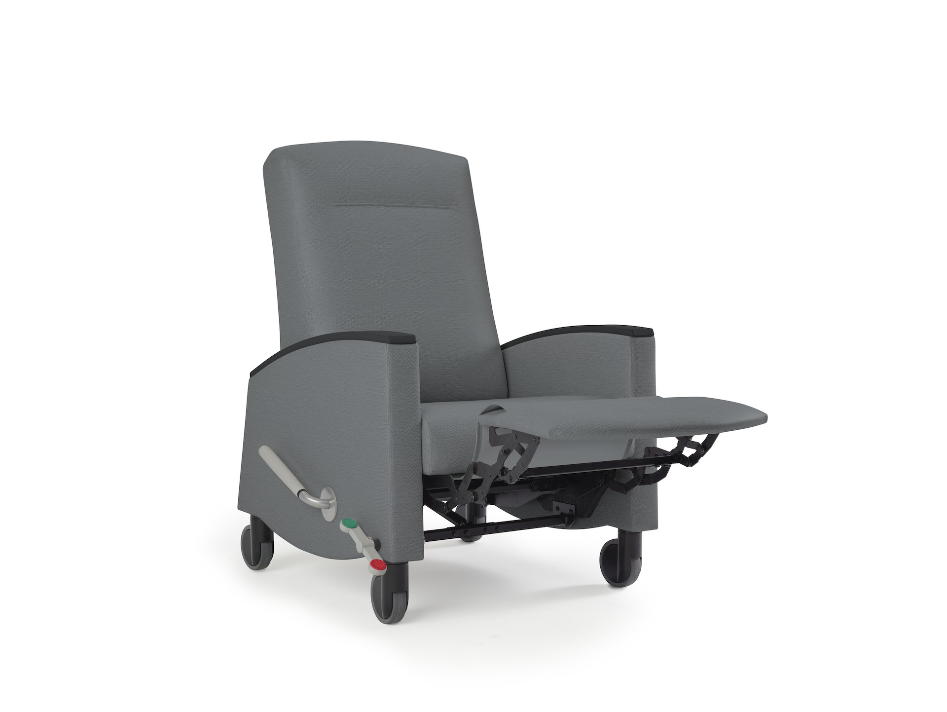 A Sahara Recliner in dark gray textile with its footrest out.