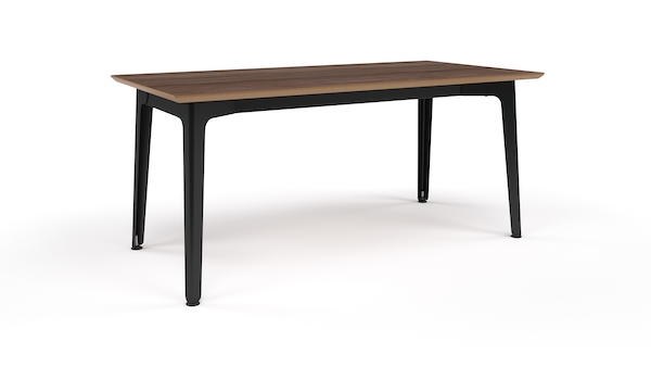 A walnut topped naughtone Fold Bar Height Table with a black base, viewed at an angle.