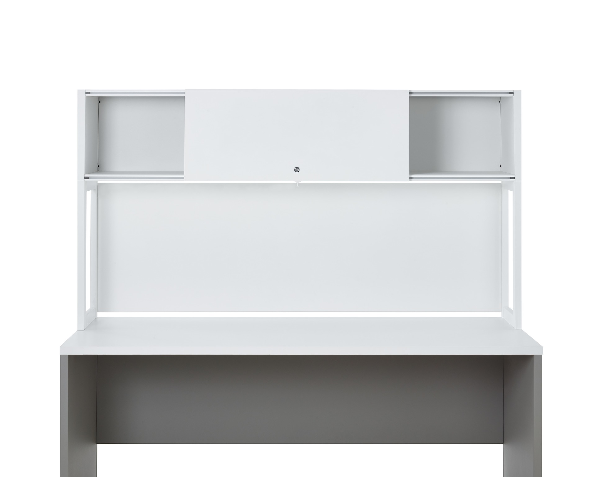 A Canvas Metal Desk with a white storage hutch.