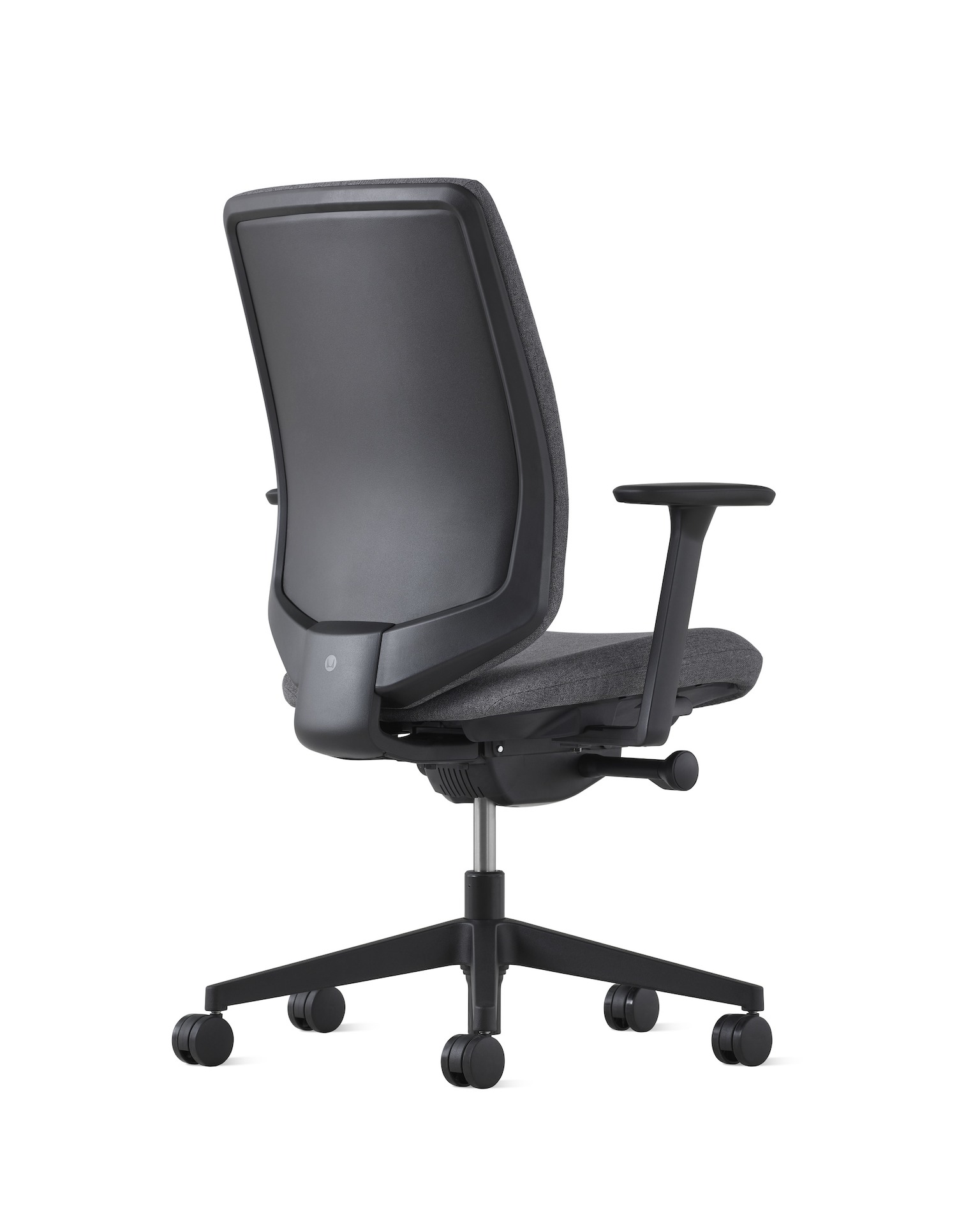 A black Verus Chair with an upholstered back, viewed from the back at an angle.