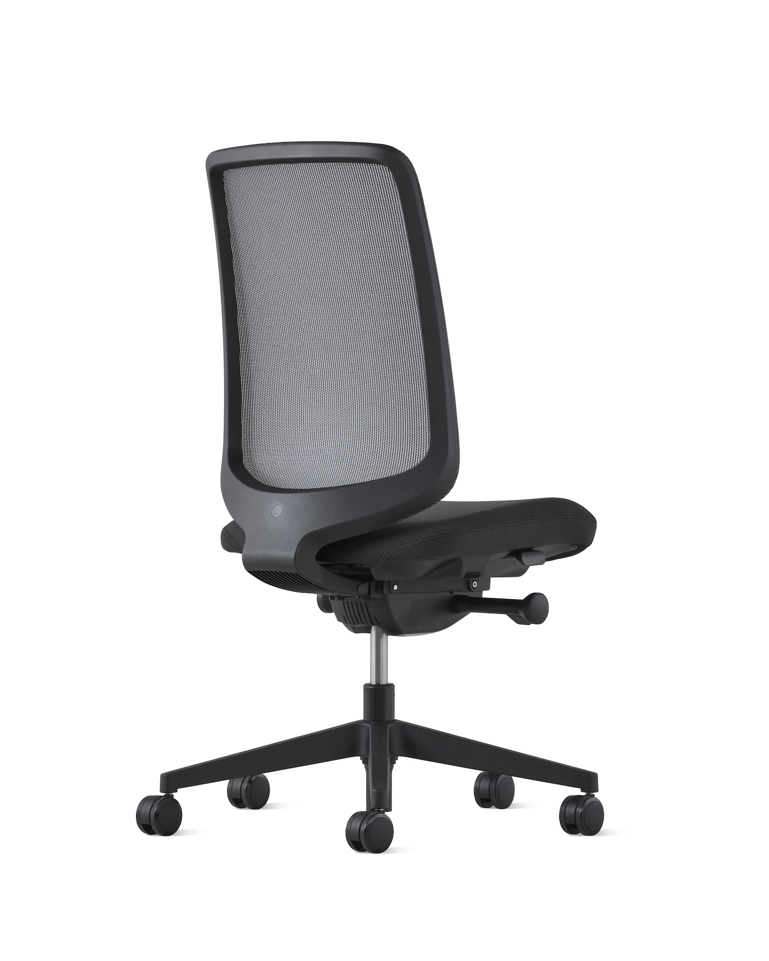 A black Verus Chair with no arms, viewed from the back at an angle.