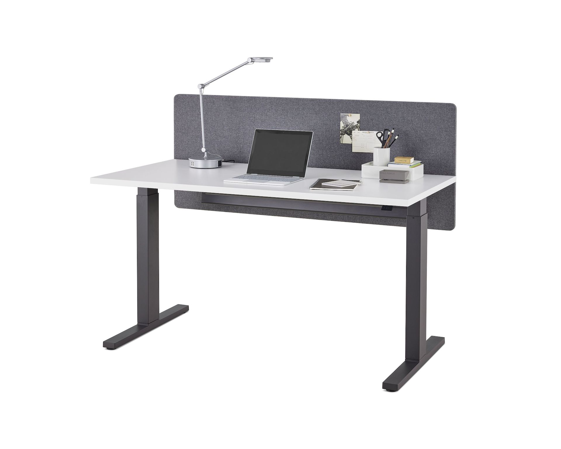  A Motia standing desk at seated height with a dark gray fabric, surface-attached privacy screen. A laptop and desk accessories are on the surface.