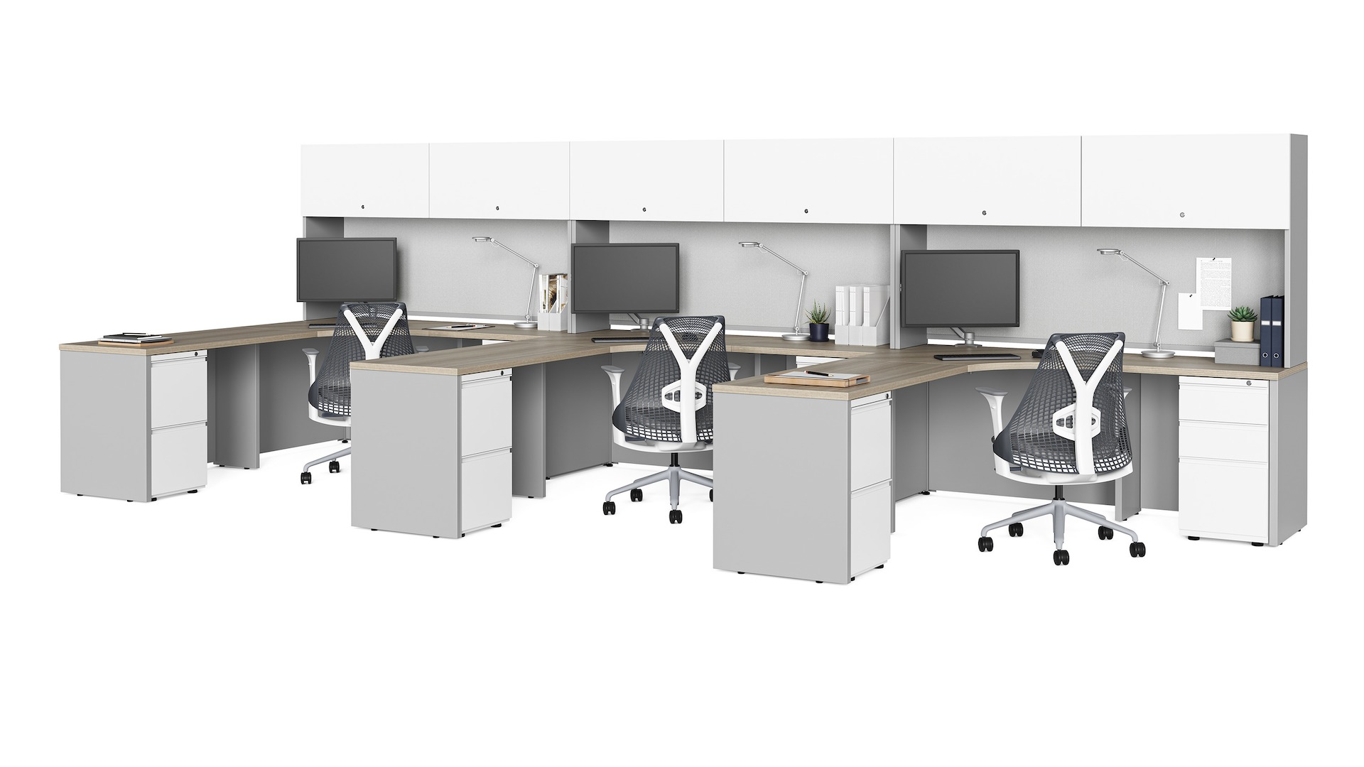 A three person workstation Canvas Metal Desk workstation with grey Sayl Chairs, Concerto Monitor Arms, and lower storage. 
