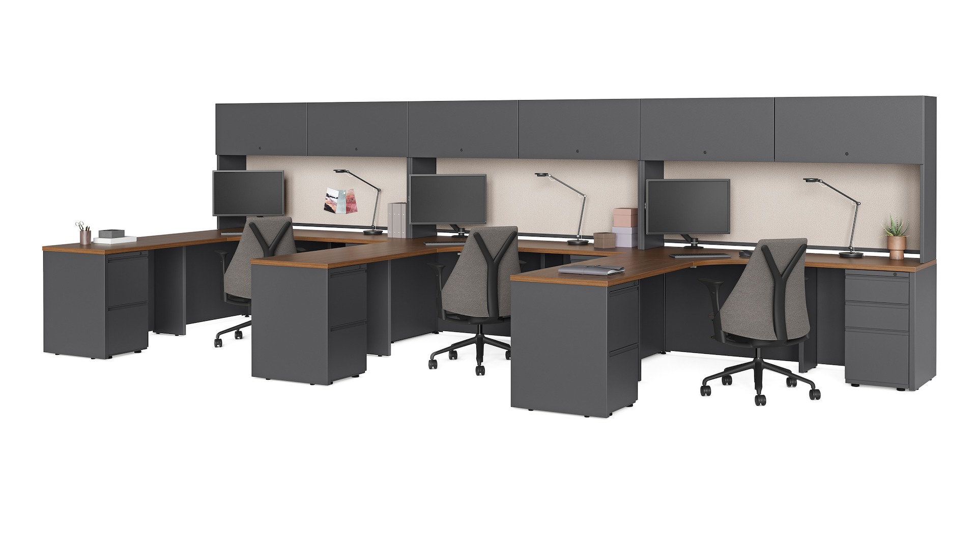 Three Canvas Metal Desk workstations with grey Sayl Chairs, Concerto Monitor Arms, Tone Personal Lights, and lower storage.