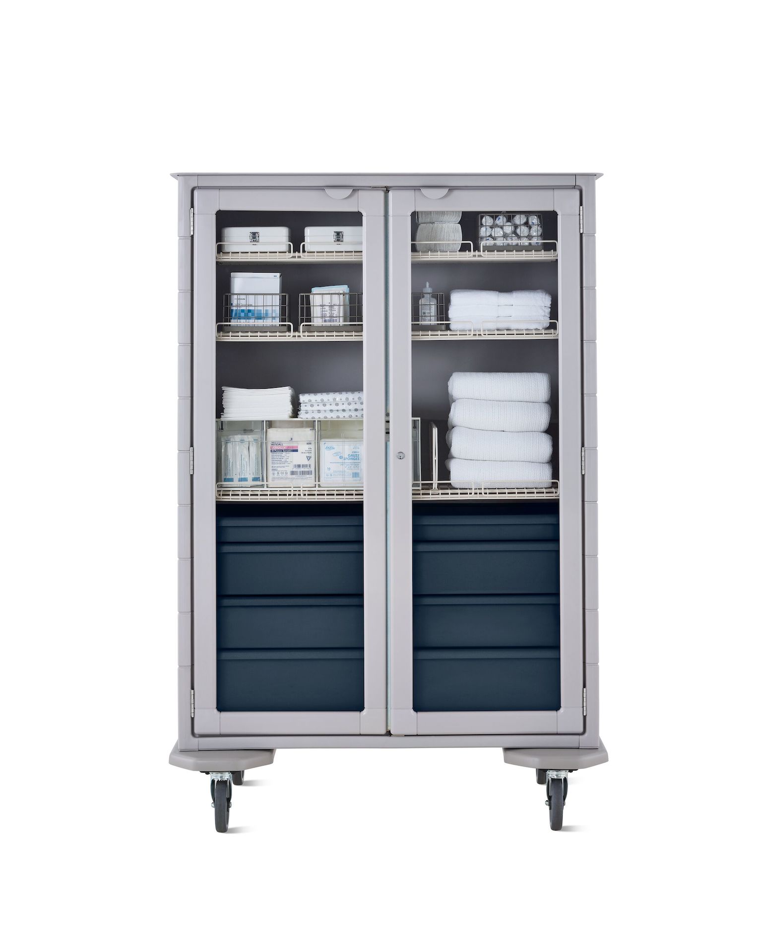 Mobile double-wide supply cart with light gray body, dark blue drawers, wire shelves, and locking glass doors.