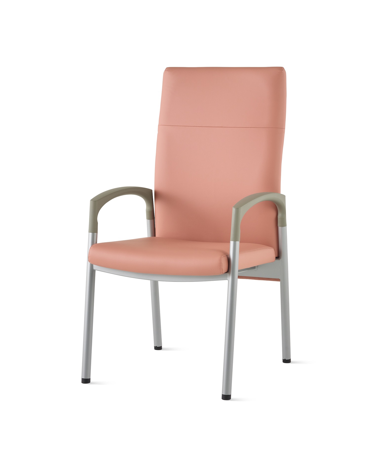 Three-quarter, front view of a high-back Valor patient chair in a salmon upholstery and silver frame with pewter armcaps.