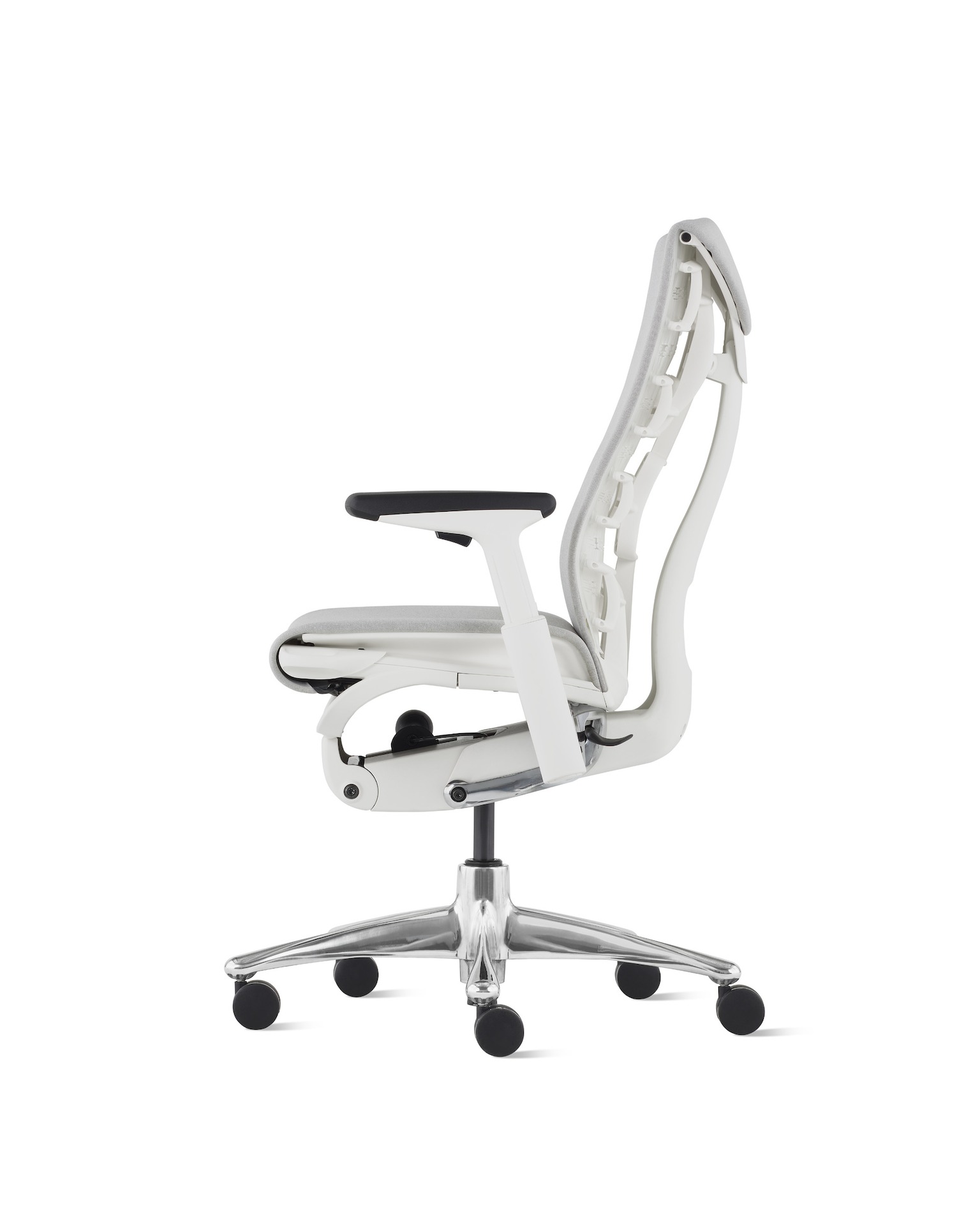 An Embody Chair, light grey color, side view.