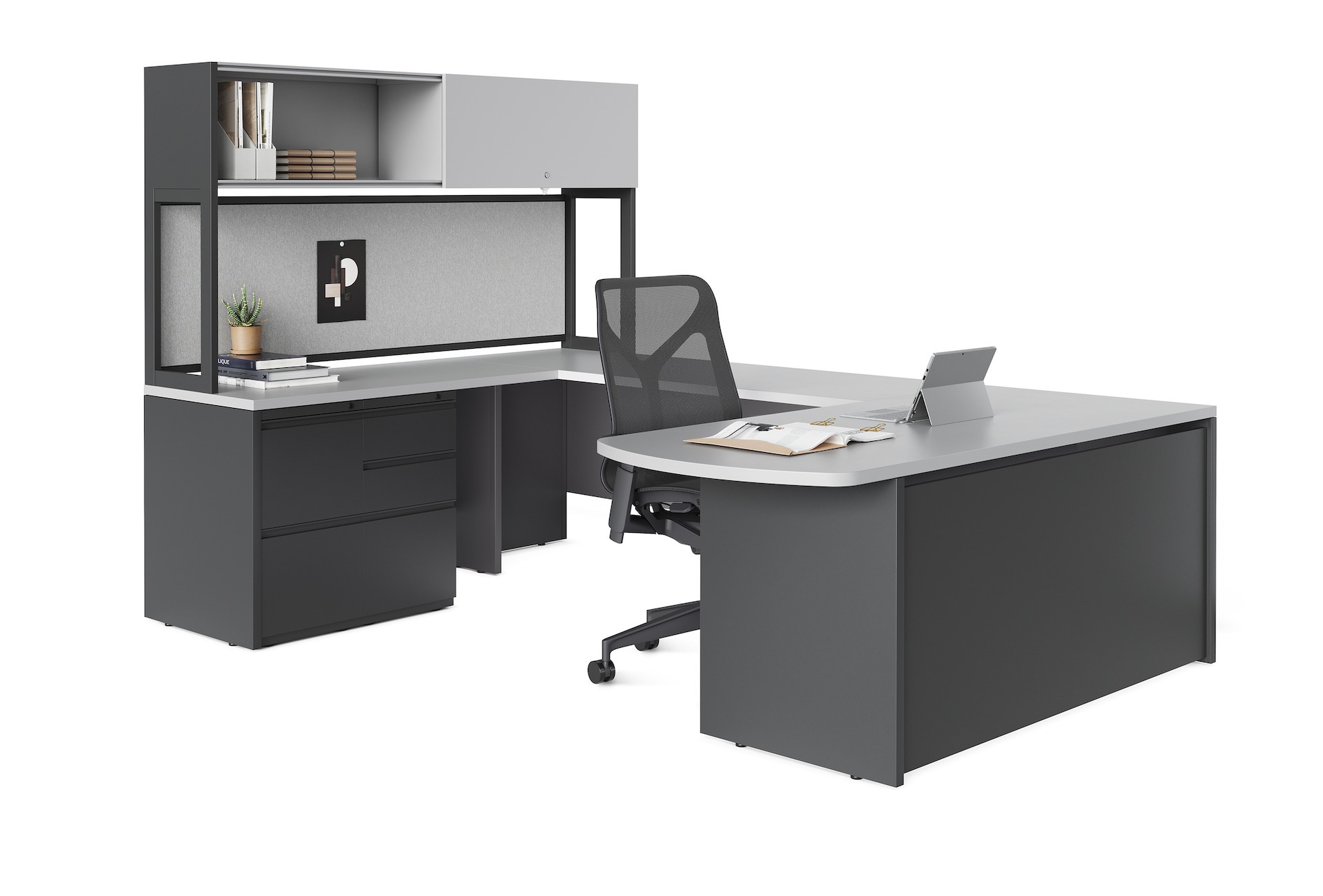 A dark grey Canvas Metal Desk workstation with a tackboard, upper and lower storage with a Cosm chair. 