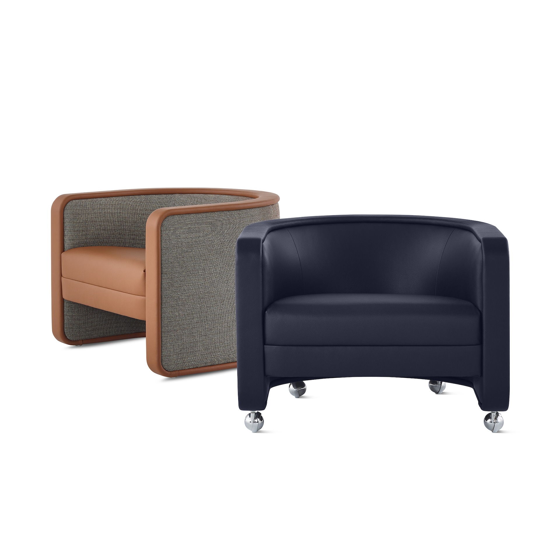 Pair of U-Series Lounge Chair upholstered in Wool Tweed Umber and Tenara Sapphire.
