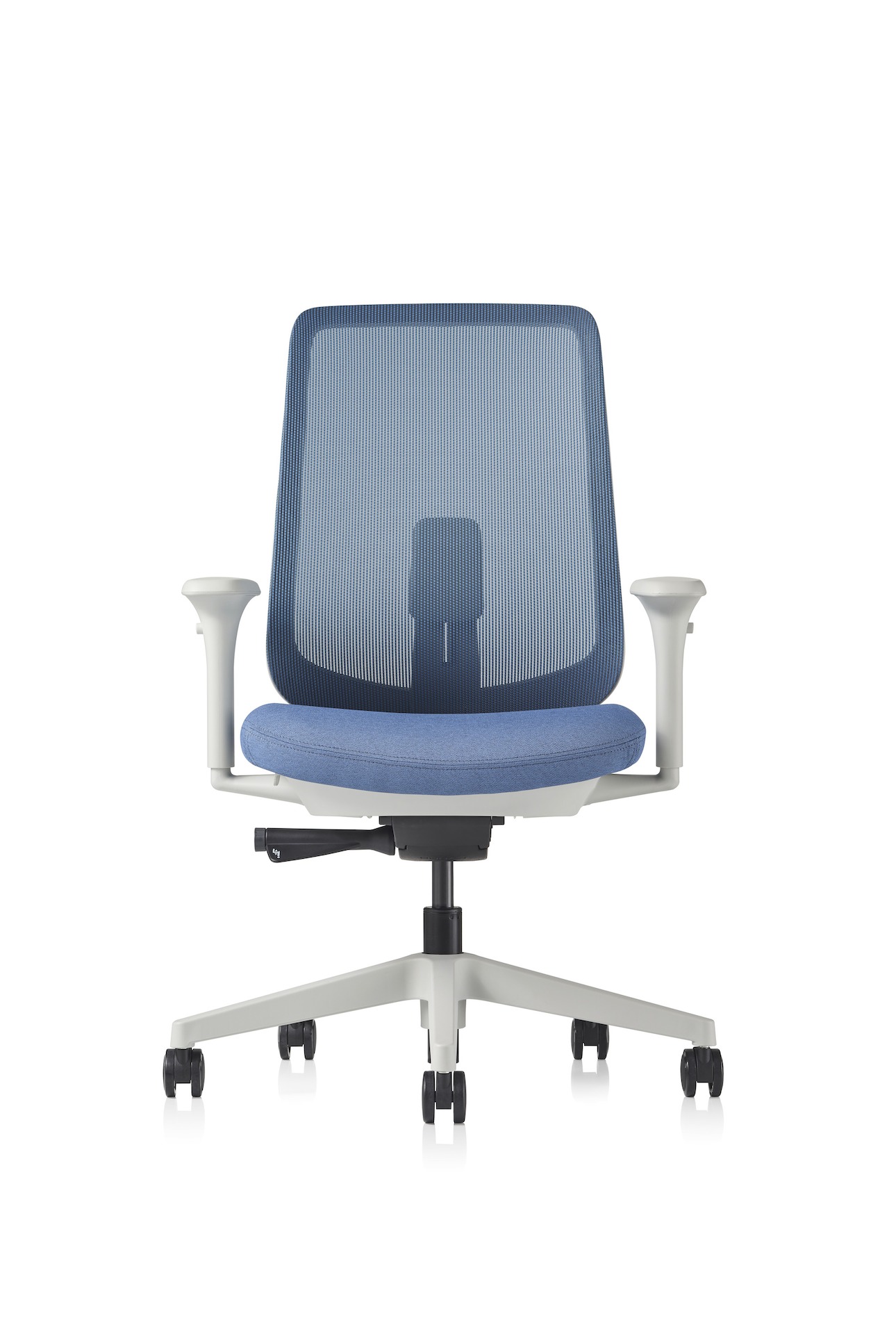 A blue Verus Chair with suspension back, viewed from the front.