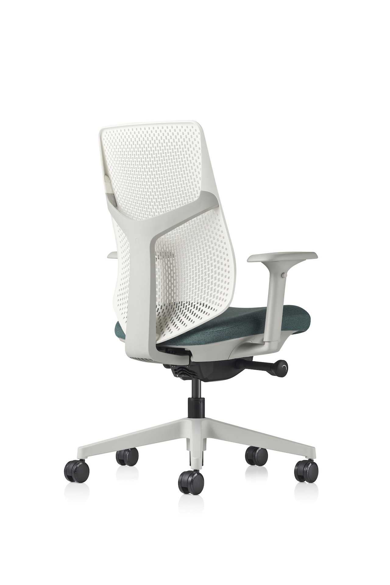 A Verus Chair with blue seat and white Triflex back, viewed from the back at an angle.
