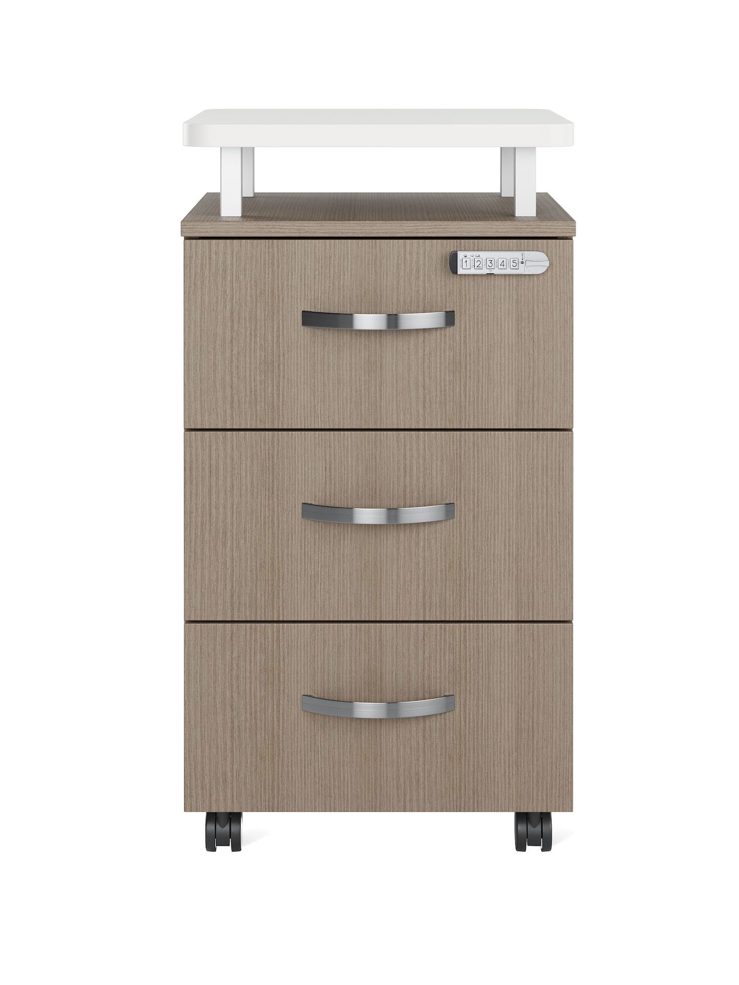 A front view of a single Nemschoff Bedside Cabinet in a bleached beige finish with three drawers, champagne metallic arc pulls, a keyless lock, a raised top in a white laminate, and casters. 