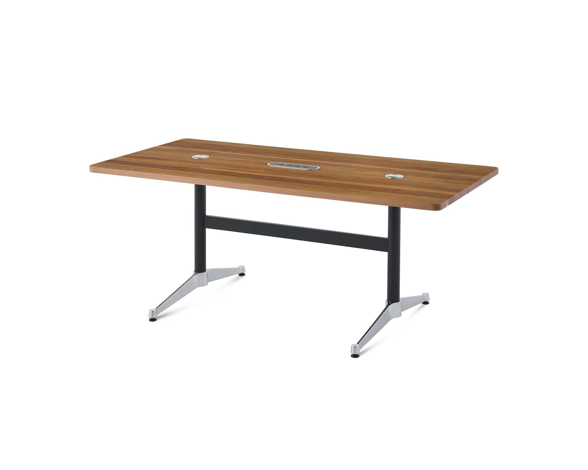 A walnut Eames T-Leg conference table with black legs, power access, and routing capabilities. 