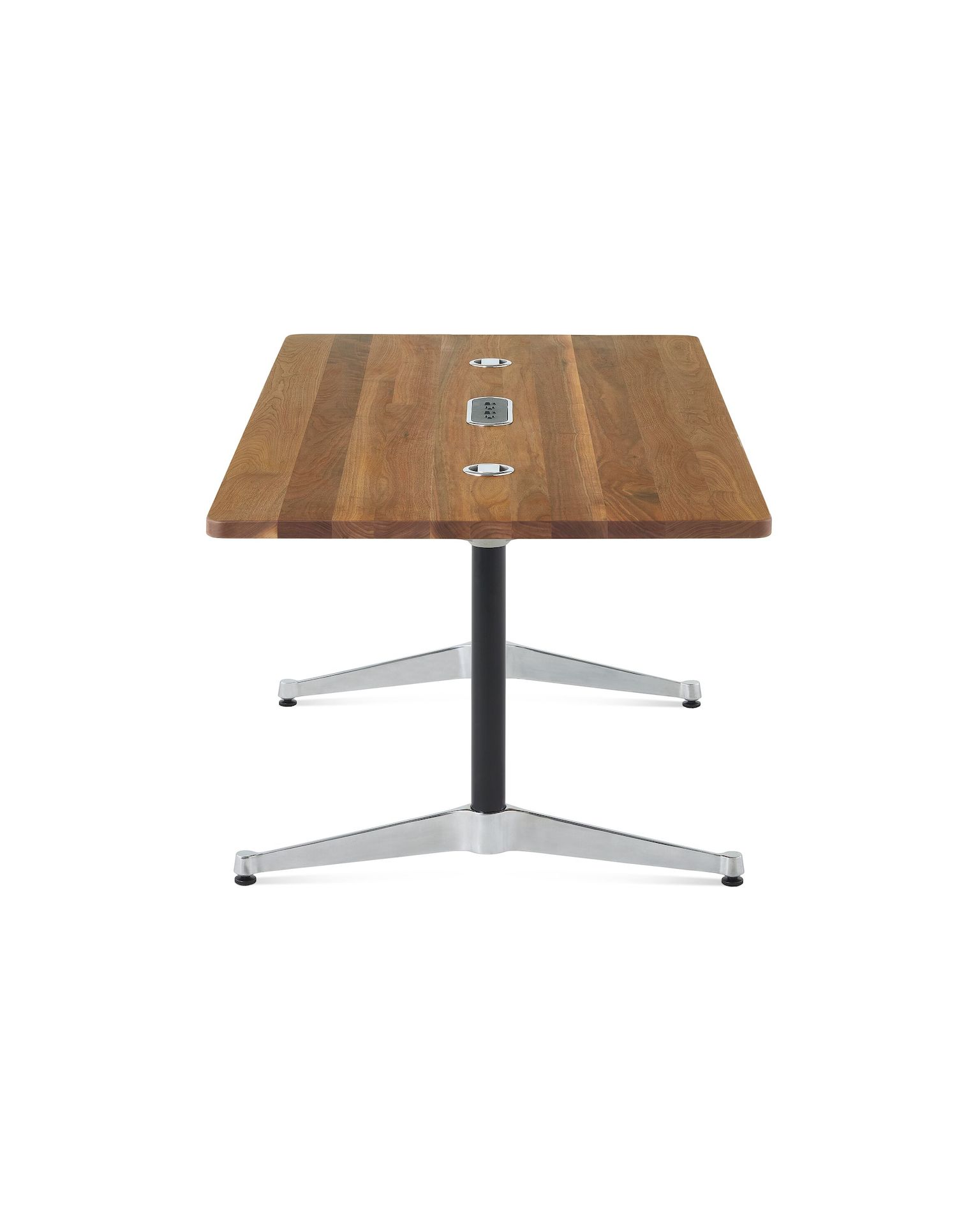 A walnut Eames T-Leg conference table with black legs, power access, and routing capabilities. 