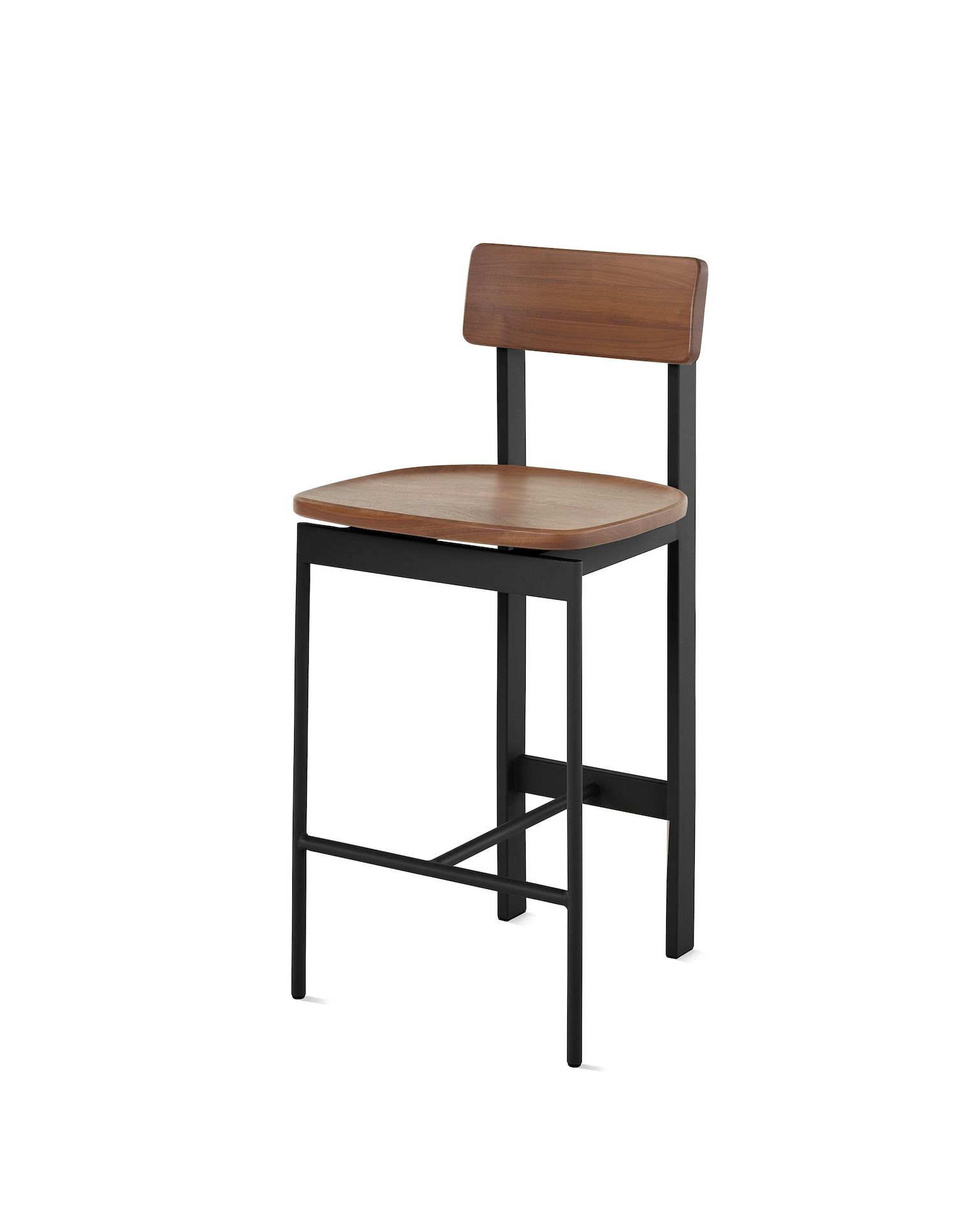 A counter height Betwixt Stool with a walnut seat and back and a black frame.