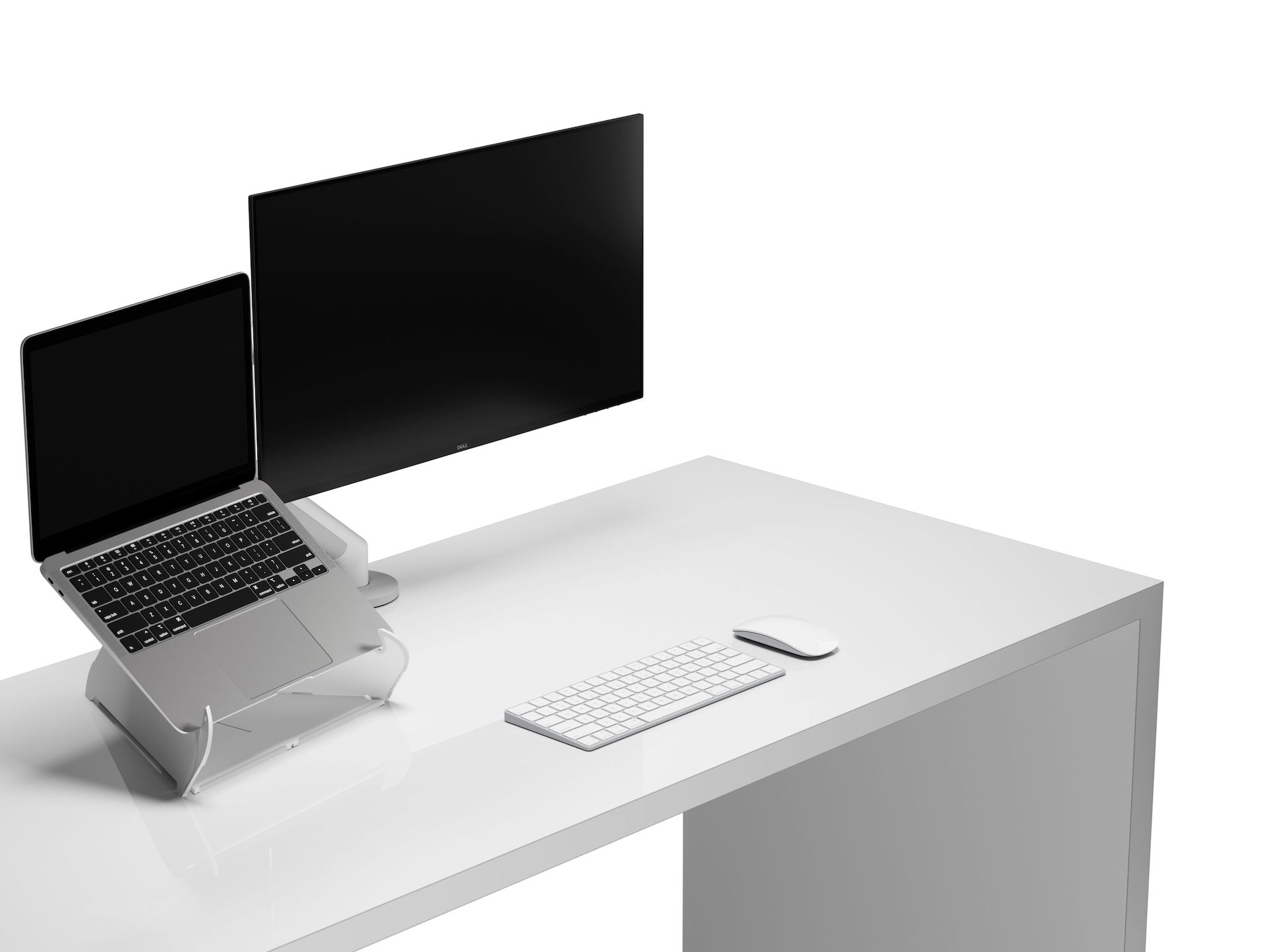 Angled view of an open Laptop on an Oripura Laptop Stand next to a monitor arm and screen on top of a worksurface with work tools.
