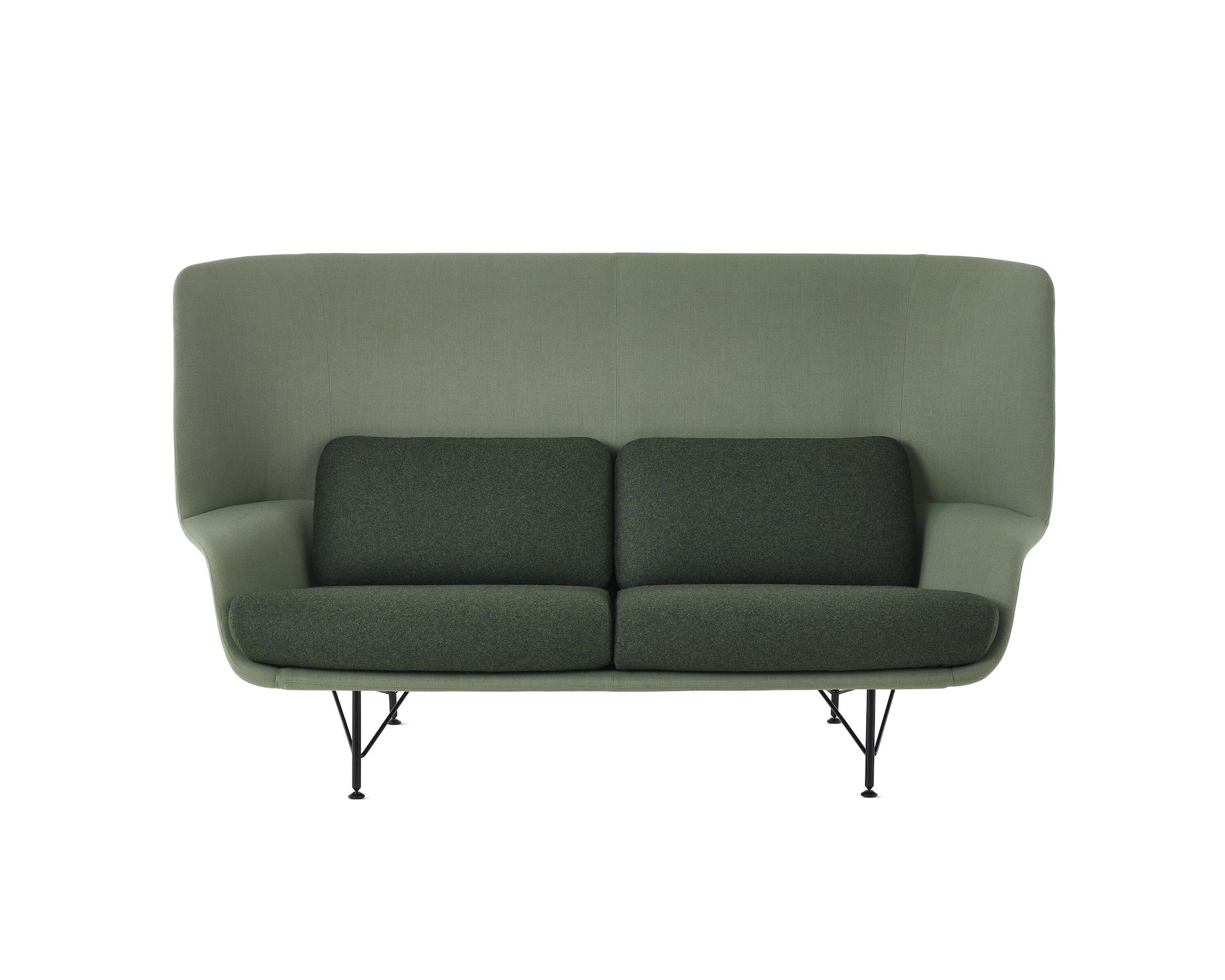 A two-seat, high-back Striad Sofa in green, viewed from the front.