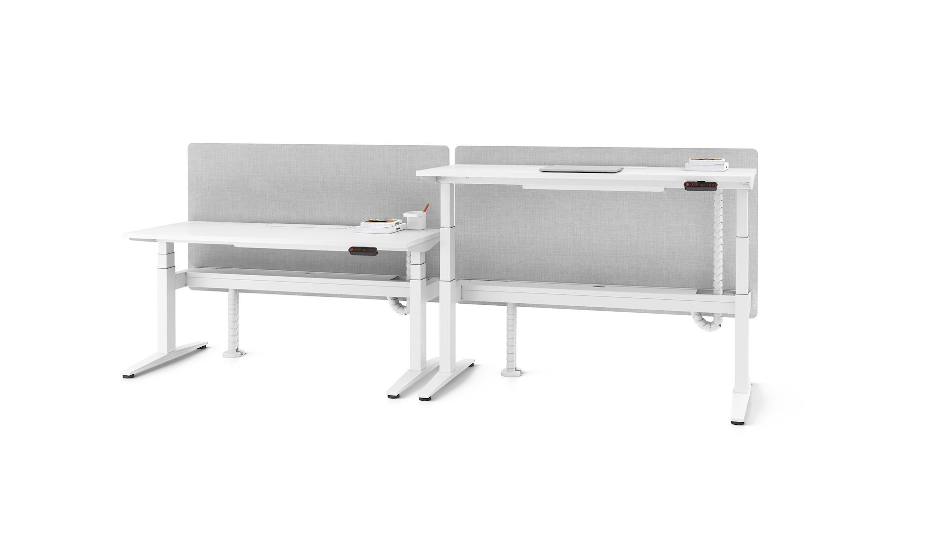 A set of two Ratio height-adjustable desks attached side by side with grey mounted screens, and accessories on a white sweep.