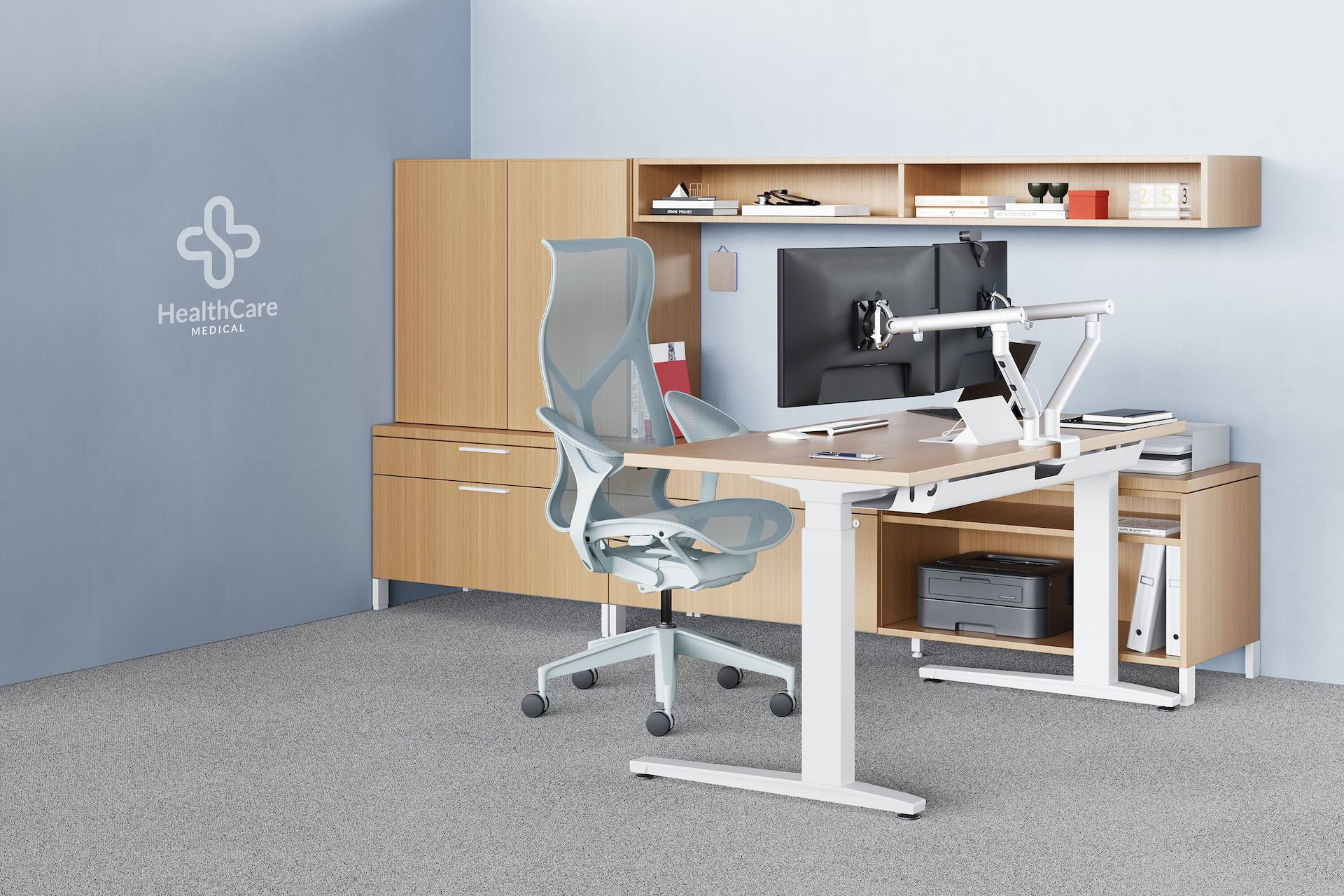 Clinician's private office of Canvas Office Landscape with Renew Sit-to-Stand desk and a Cosm Chair.