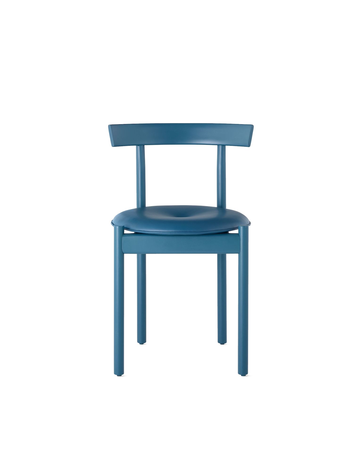 A blue Comma Chair with a seat pad, viewed from the front.