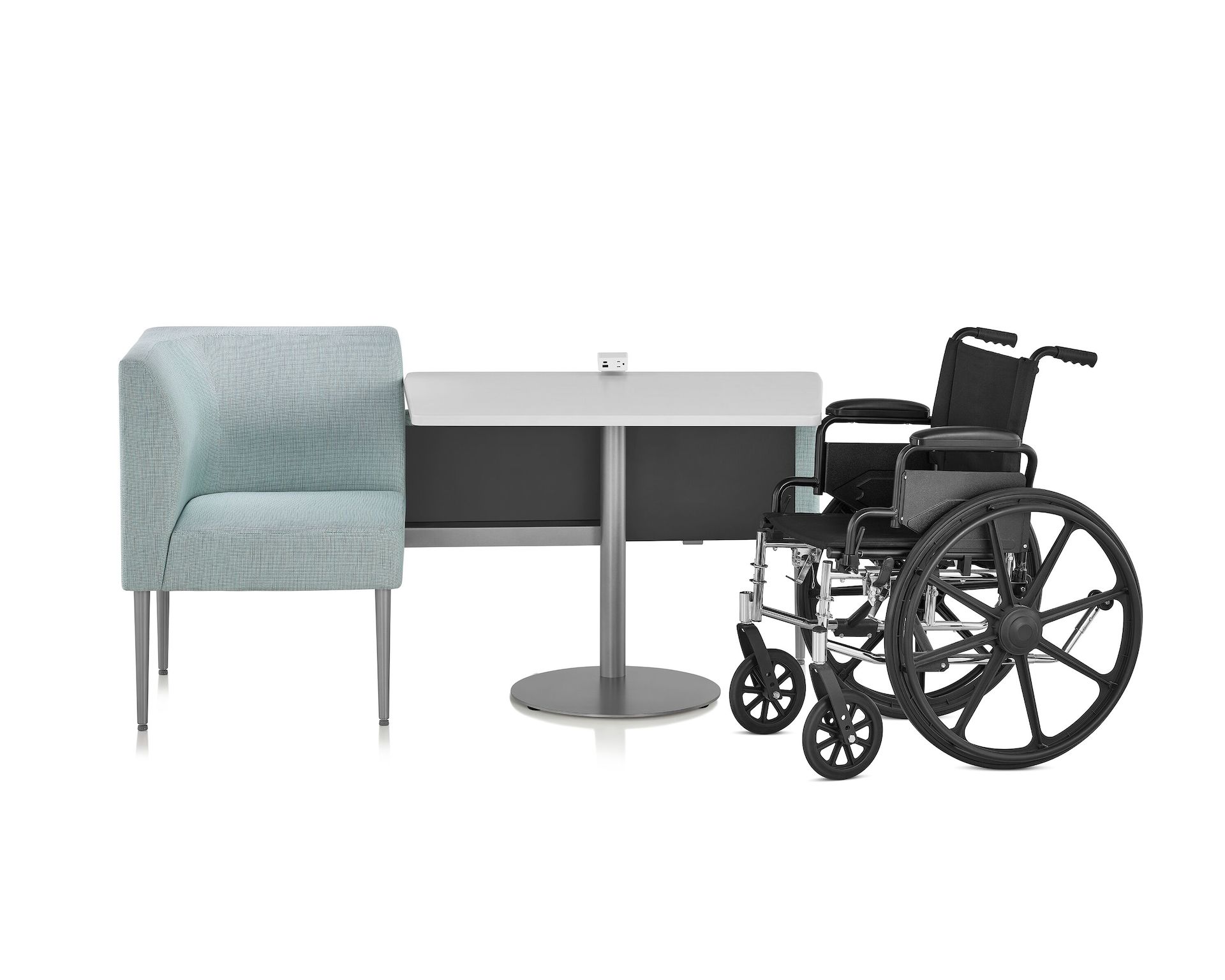 Front view of Palisade Booth with wheelchair on white sweep.