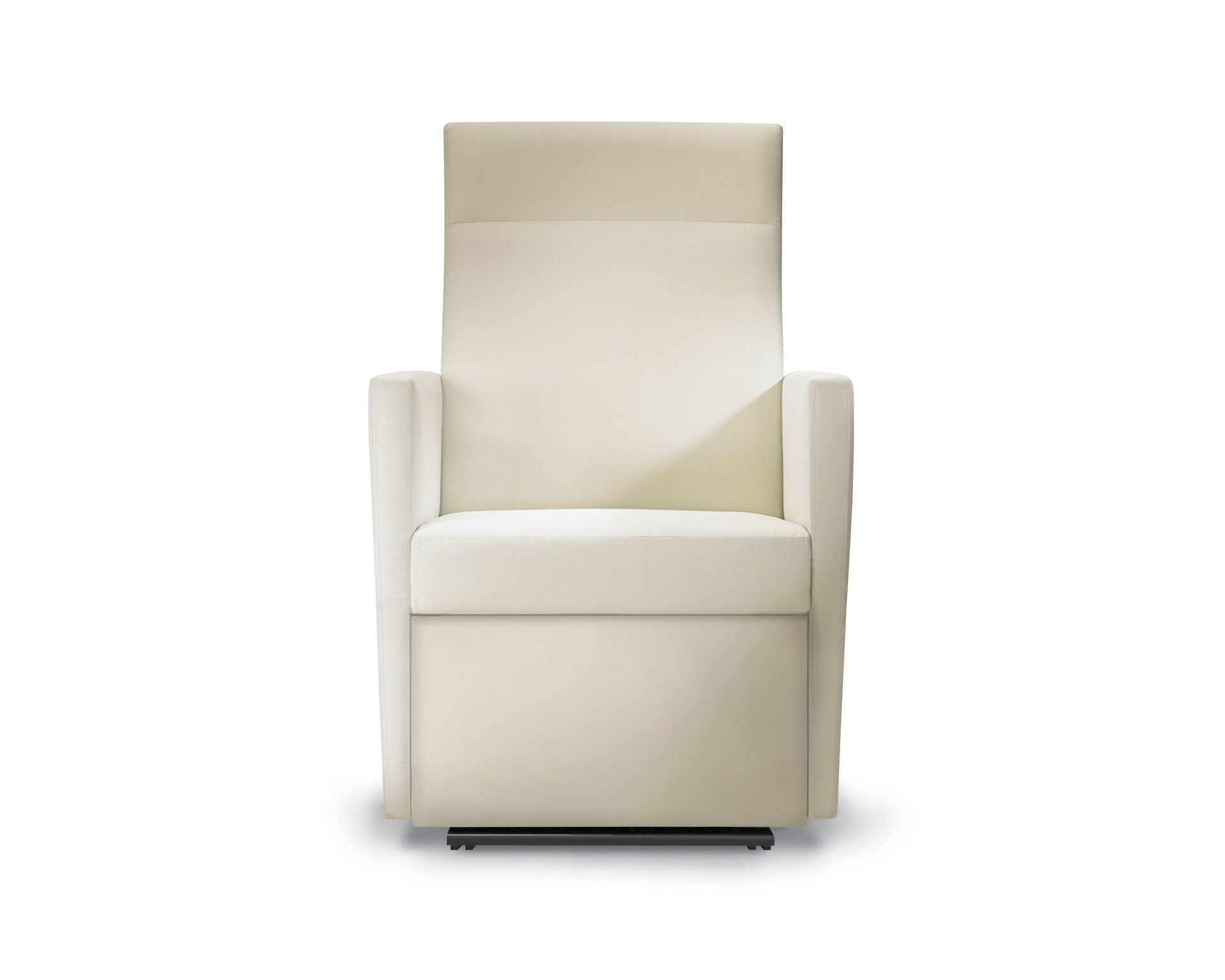 A front view of a Brava Glider with high back in white textile with fully upholstered arms.